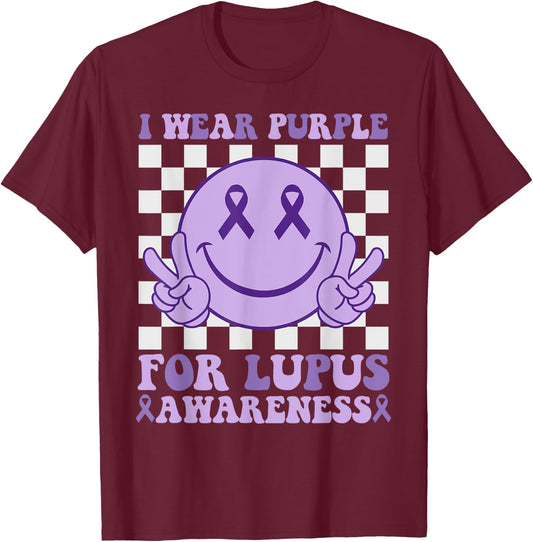 I Wear Purple For Lupus Awareness Happy Face & Ribbon Kids T-Shirt - T-Shirt | Maroon