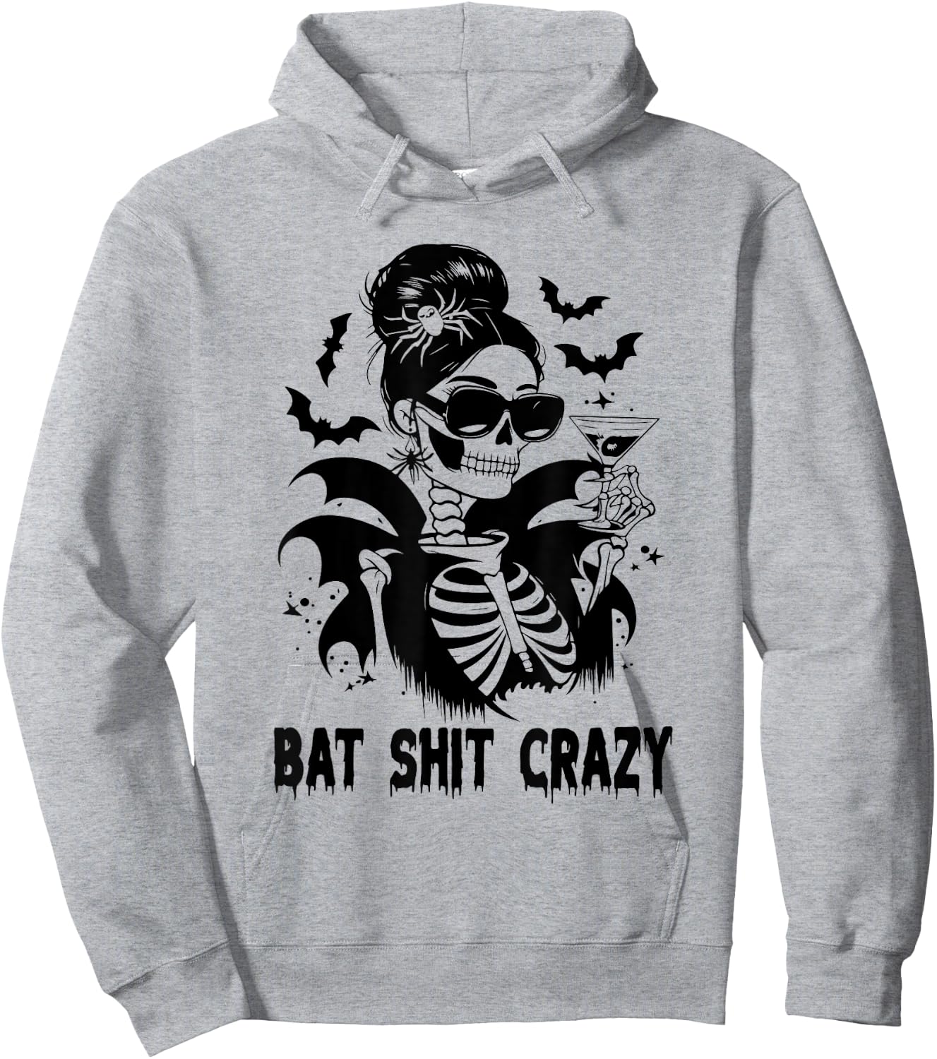 Bat Shit Crazy Halloween Witch Messy Bun Skull Hoodie - Hoodie | Ash