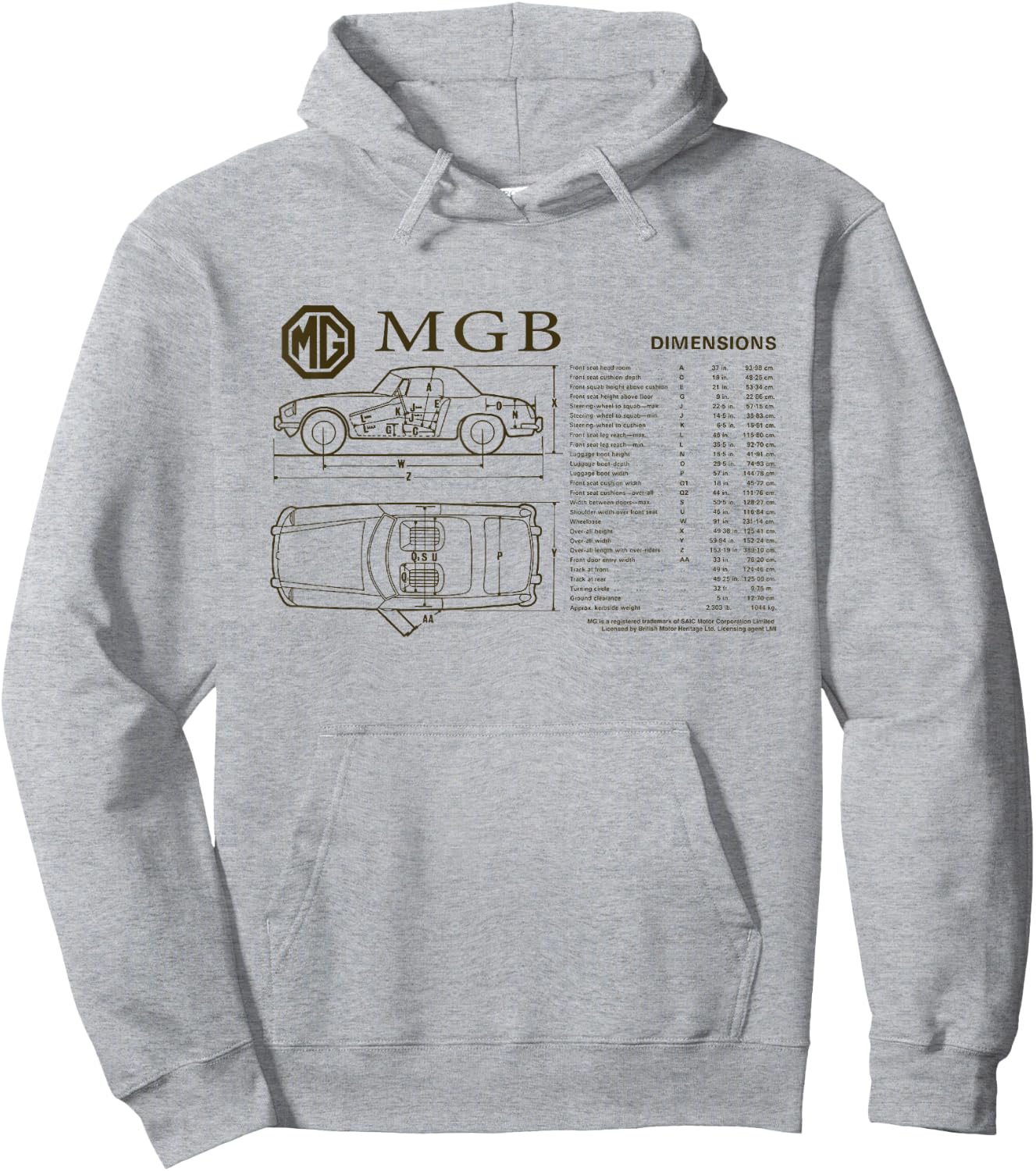 British Motor Heritage MG MGB Car Dimensions Hoodie - Hoodie | Ash