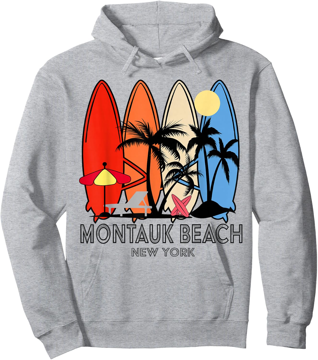 Montauk Beach New York Retro Surfboard Vintage Hoodie - Hoodie | Ash