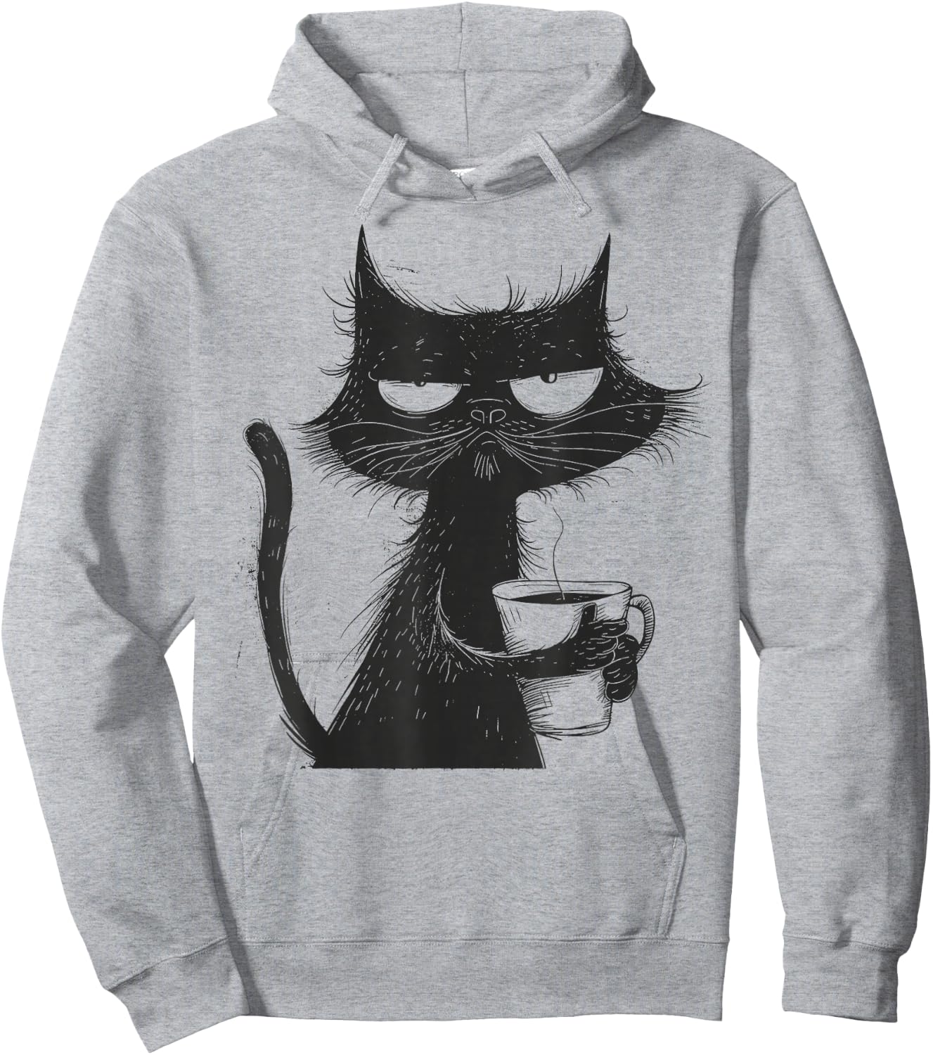 Funny Angry Cat With Coffee Mug Graphic Hoodie - Hoodie | Ash