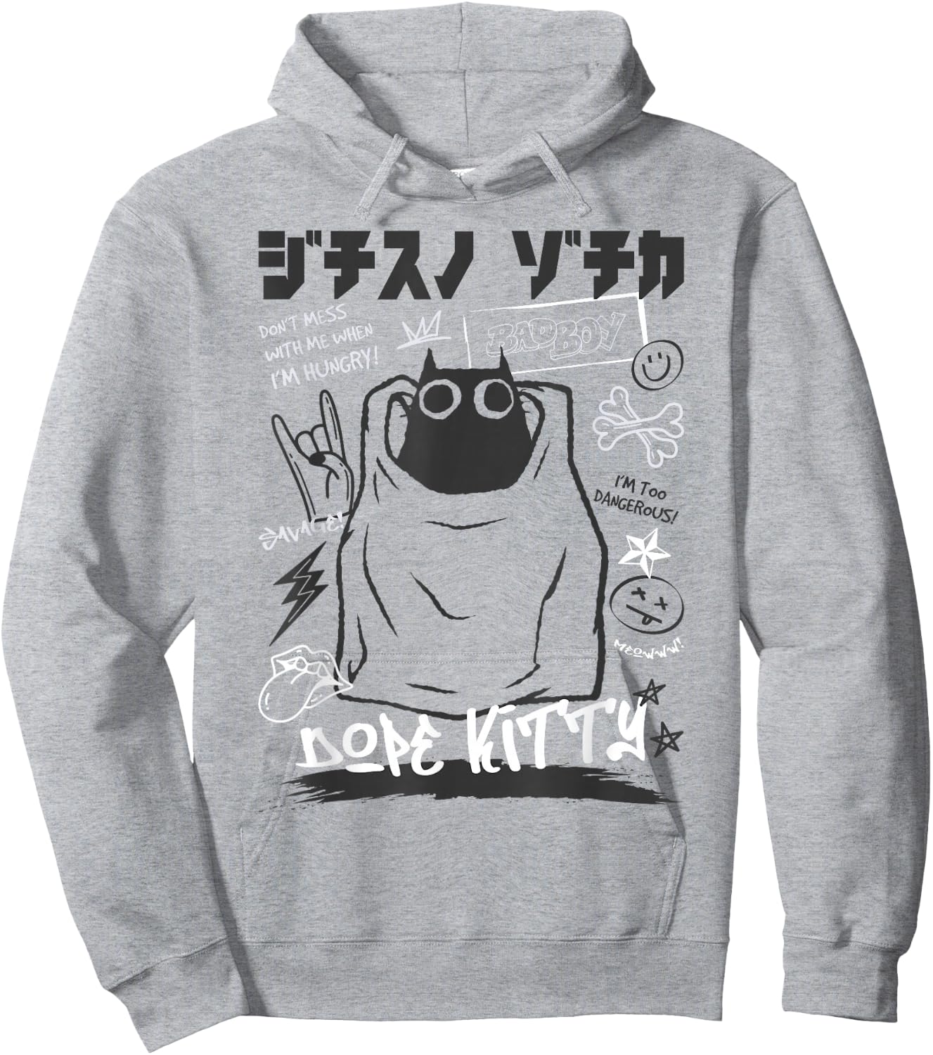 Funny Japanese Cartoon Black Cat Humorous Kitty Hoodie - Hoodie | Ash