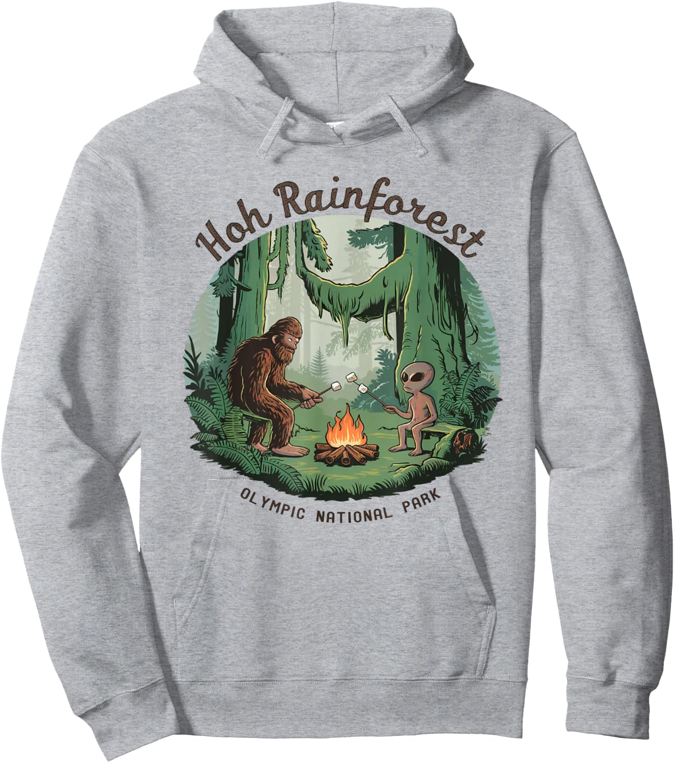 Funny Bigfoot & Alien Gifts And Shirts Bigfoot & Alien Camping Hoh Rainforest Olympic National Park -Adults Kids White Short Sleeve Classic Fit Cotton Blend Machine Wash Size Small Hoodie - Hoodie | Ash