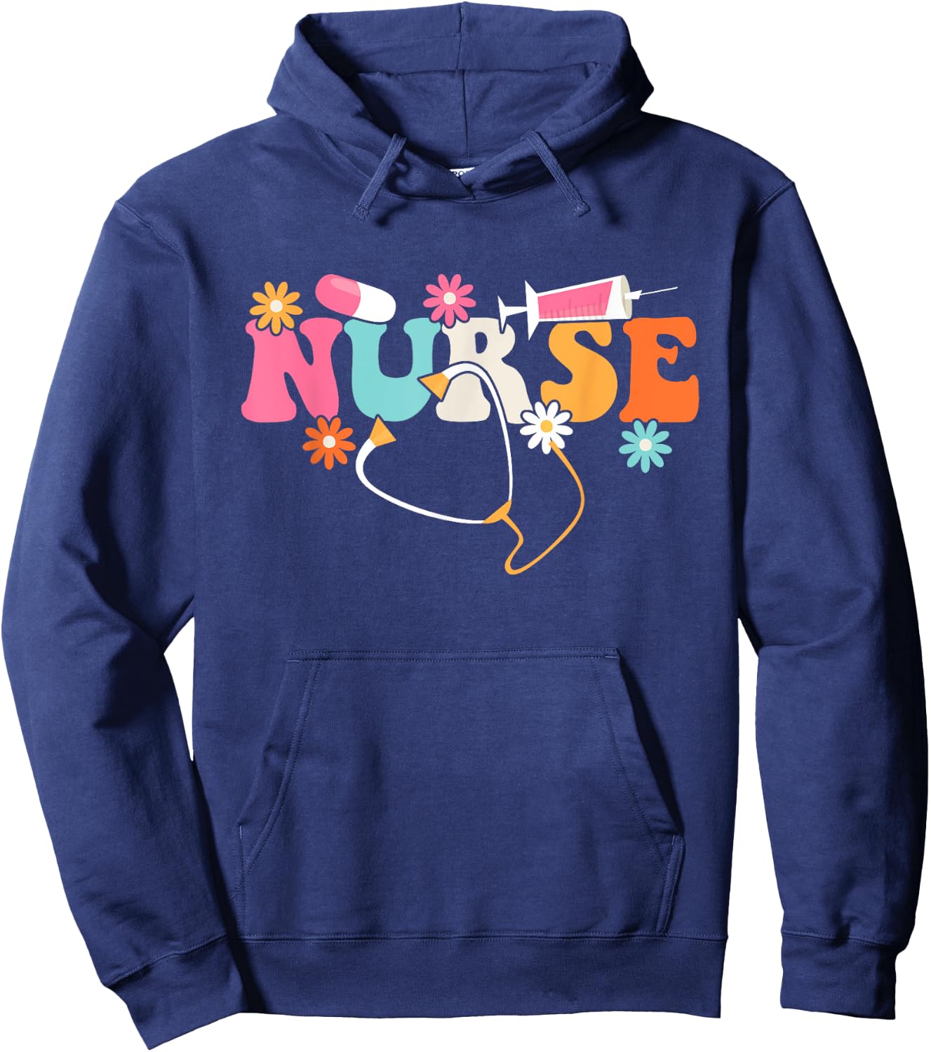 Nurse - Cute Retro Groovy Nurse Flower Nursing Hoodie - Hoodie | Navy