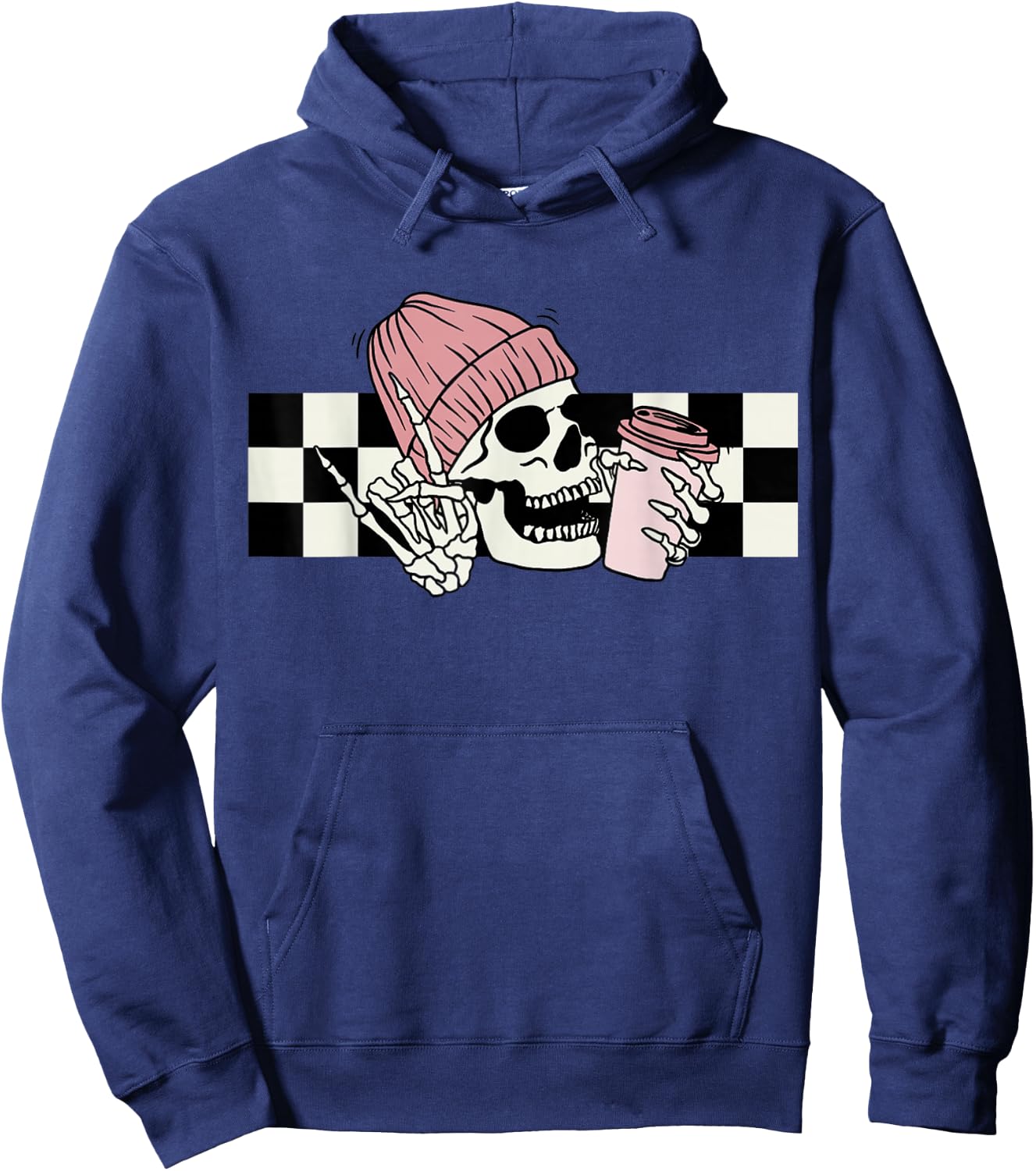 Skeleton Peace Sign Coffee Checkerboard Hoodie - Hoodie | Navy