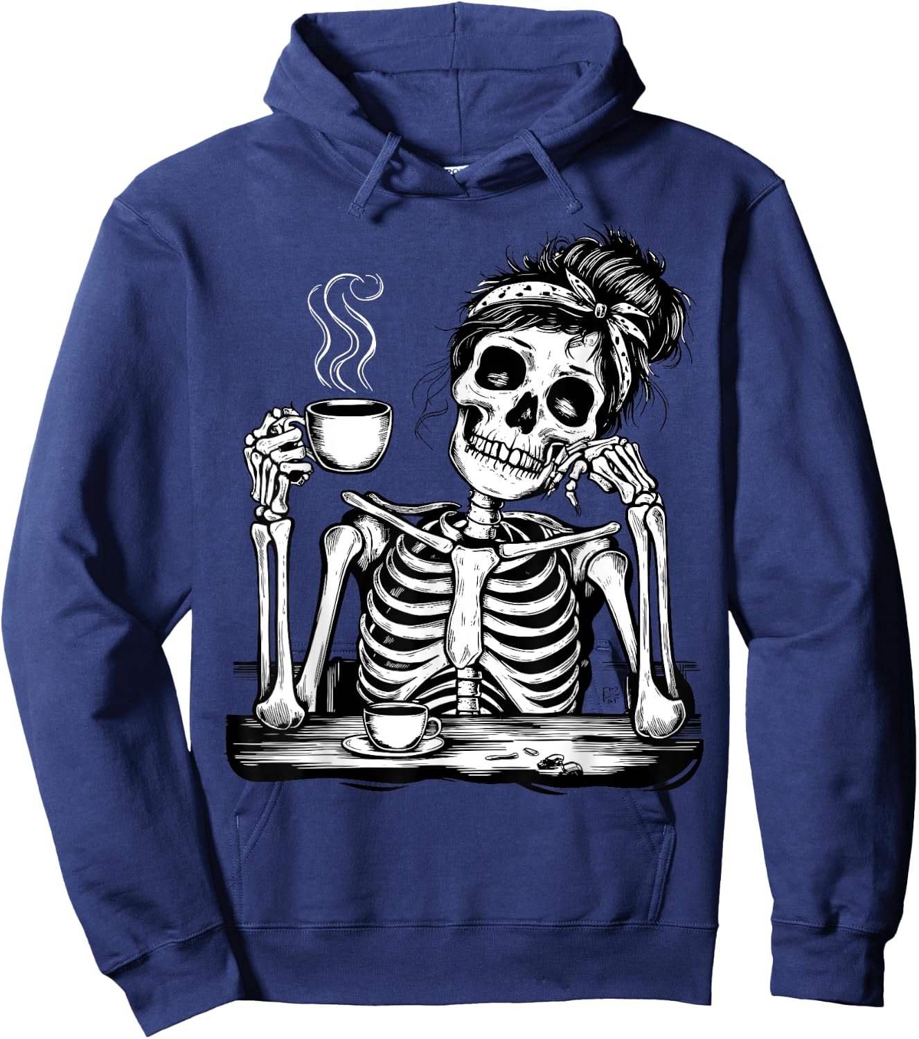 Messy Bun Drinking Coffee Skeleton Tired Mom Hoodie - Hoodie | Navy