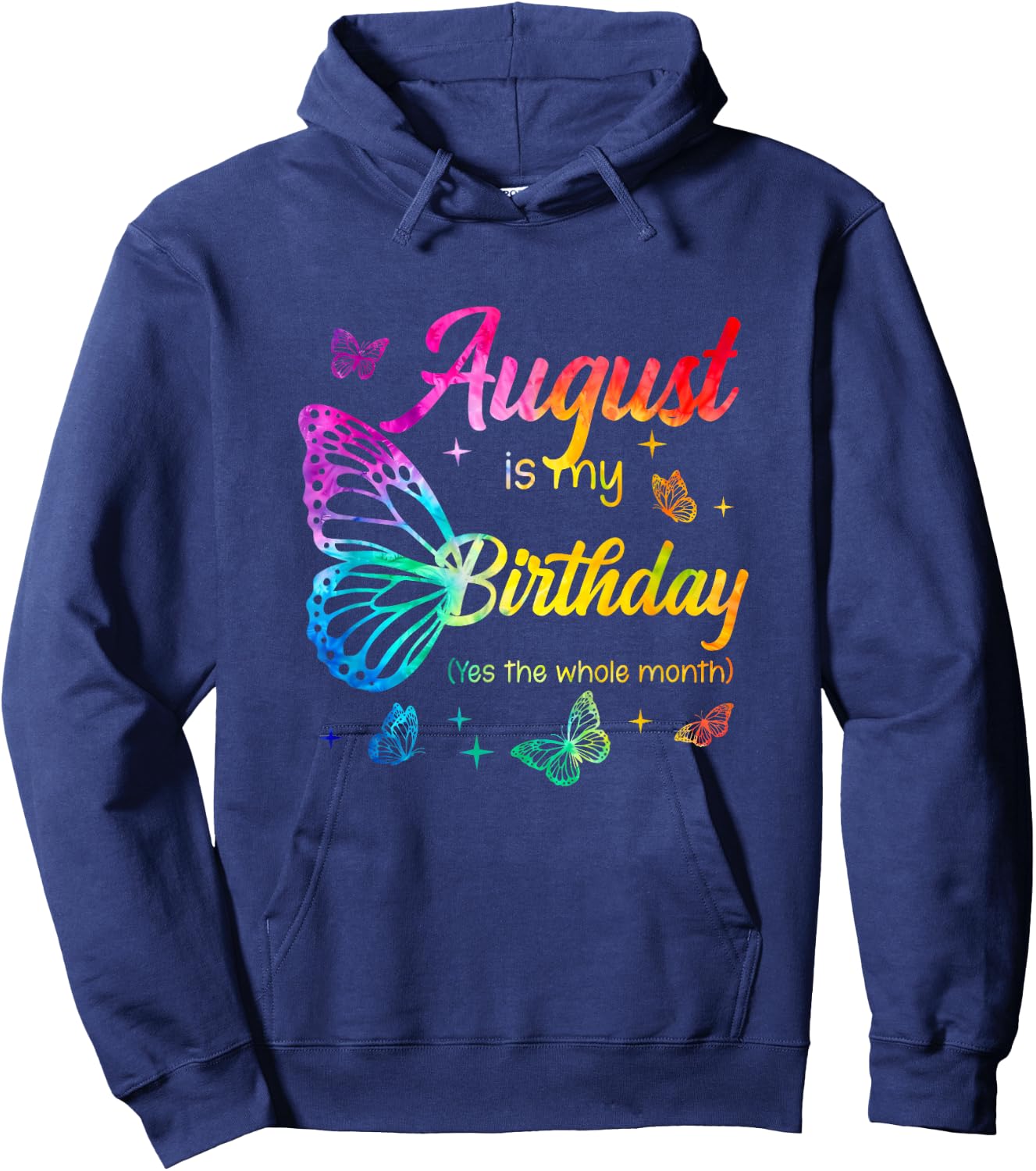 August Birthday Girls Butterfly Tie Dye Theme Hoodie - Hoodie | Navy