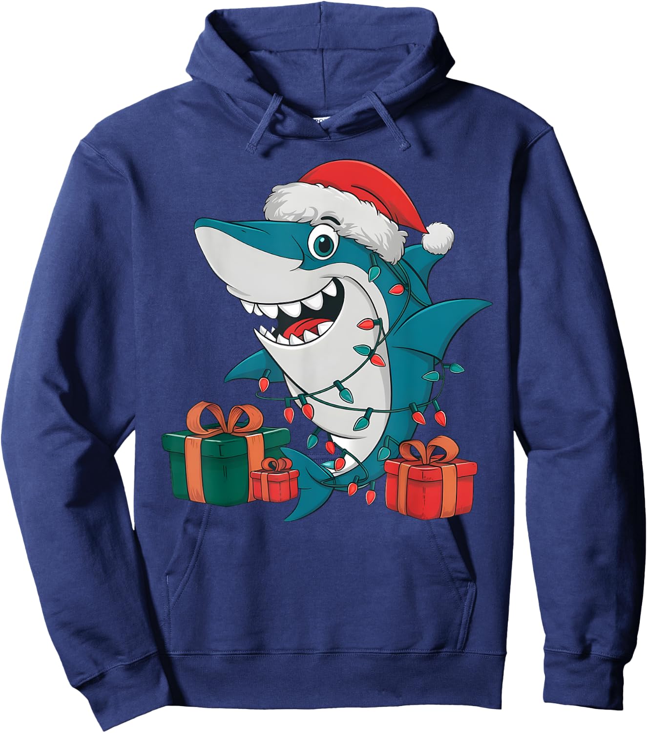 Xmas Lighting Santa Hat Shark Christmas Hoodie - Hoodie | Navy