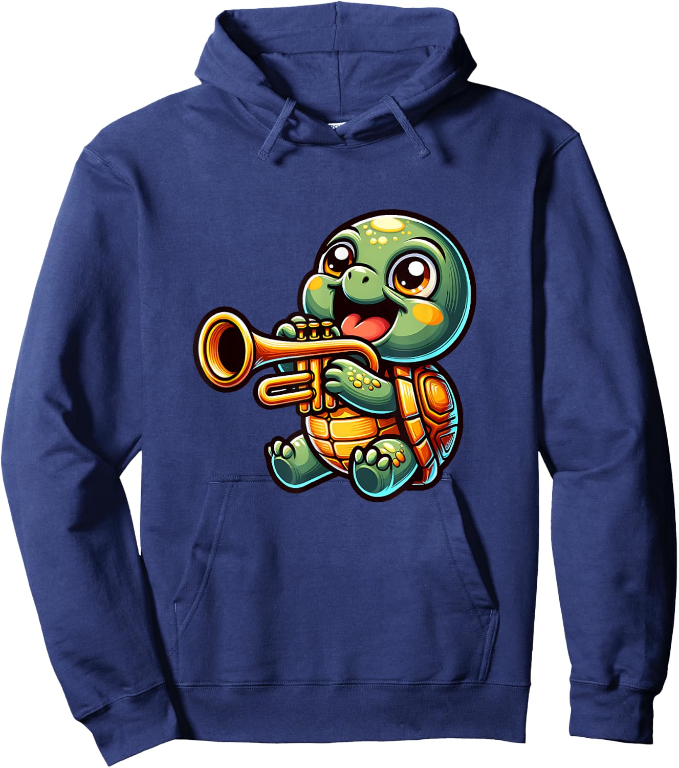 Cute Turtle Playing Trumpet Cartoon Design Hoodie - Hoodie | Navy