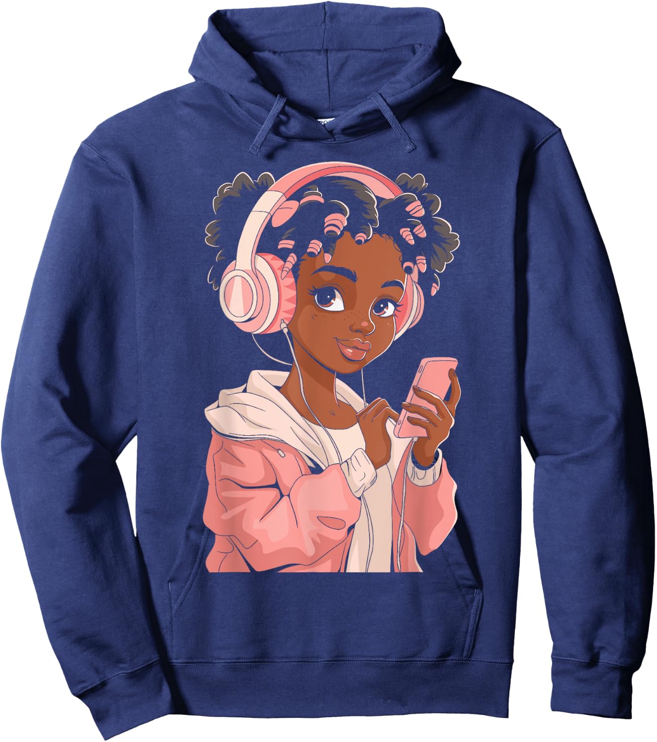 Afro Anime Black Girl with Headphones Kpop Art Hoodie - Hoodie | Navy