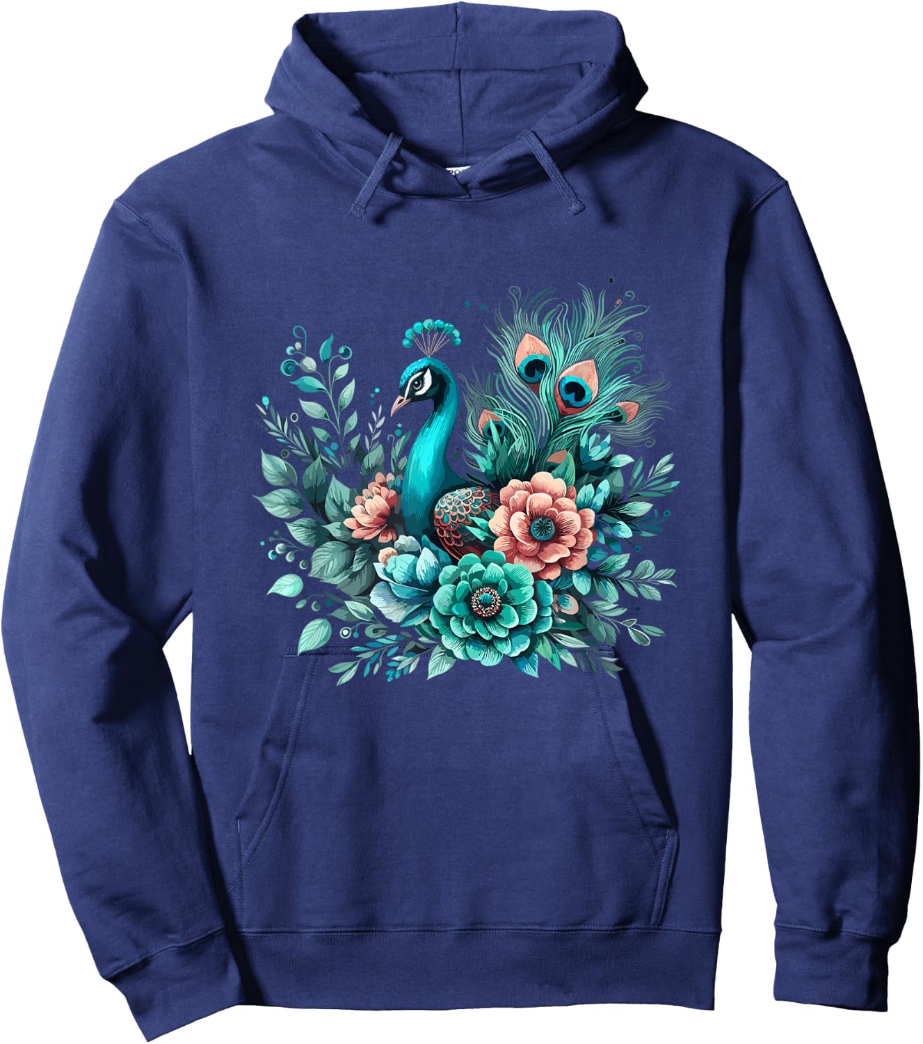 Beautiful Floral Flower Teal Feathers Peacock Hoodie - Hoodie | Navy