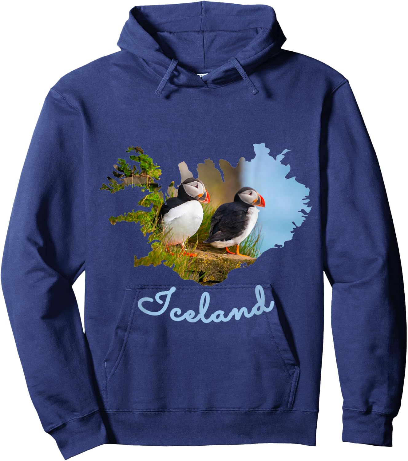 Puffin Bird Iceland Map Outline & Text Design Hoodie - Hoodie | Navy