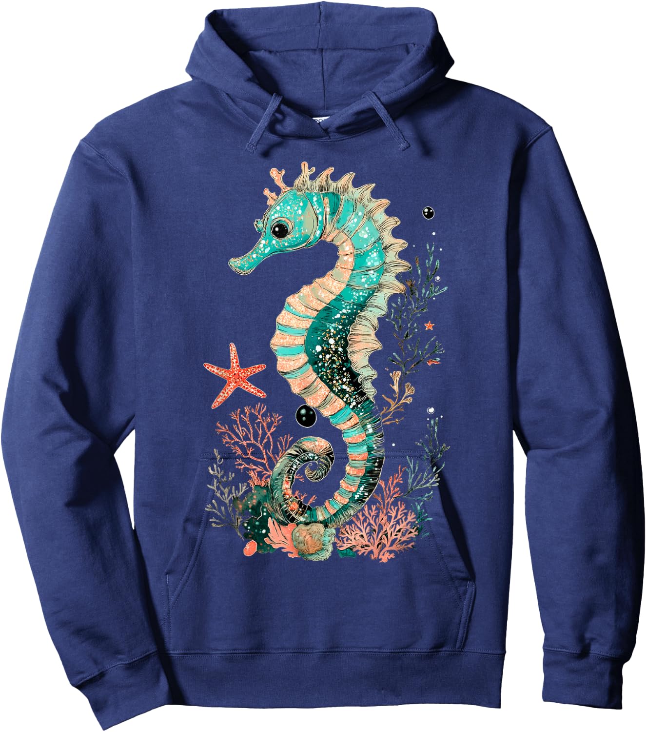 Seahorse Coral Starfish Nautical Art Hoodie - Hoodie | Navy
