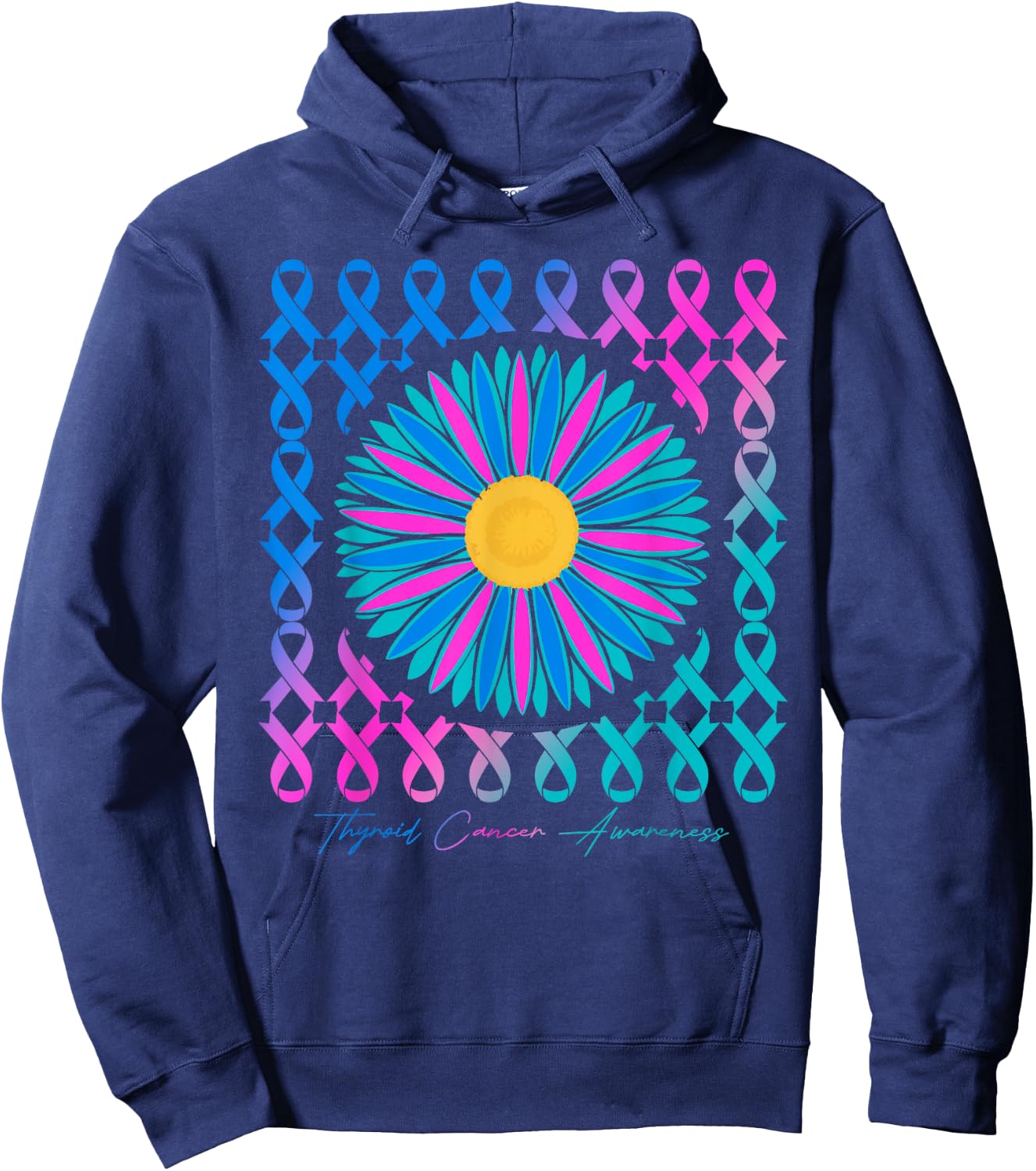 Thyroid Cancer Awareness Teal Pink Blue Ribbons Hoodie - Hoodie | Navy