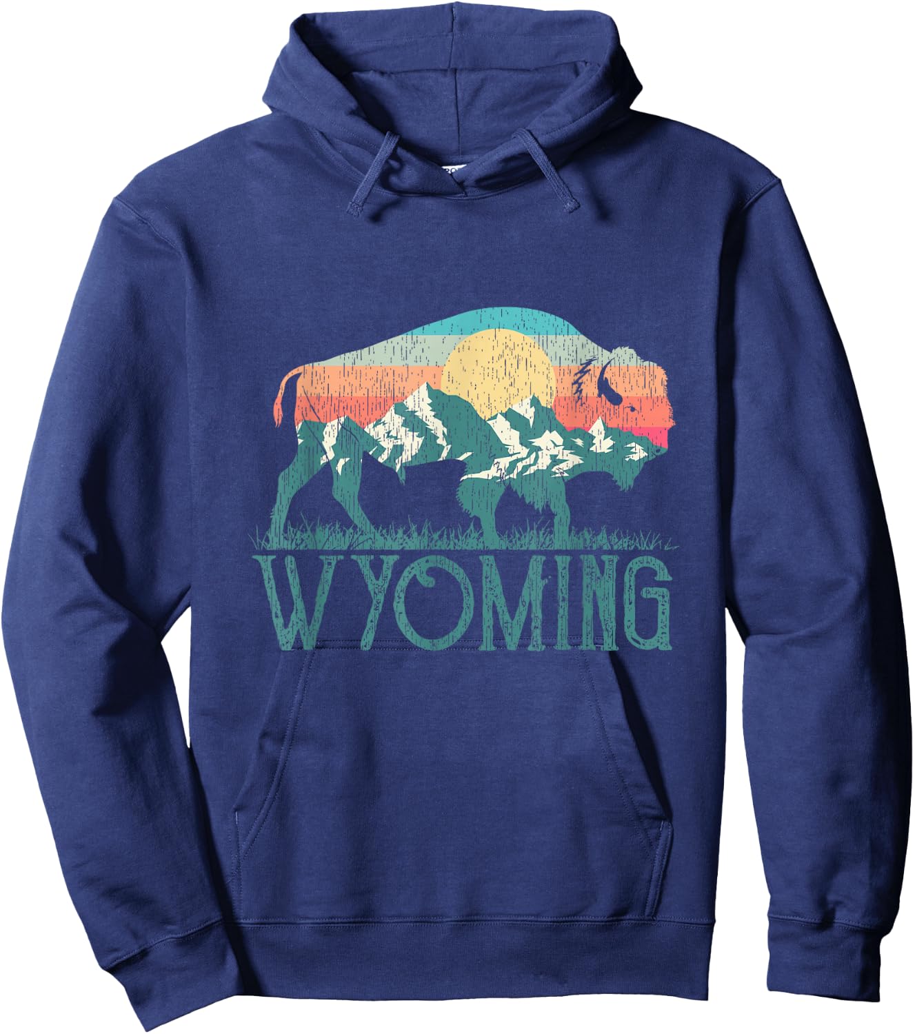 Bison Buffalo Retro Mountains WY Wyoming Hoodie - Hoodie | Navy