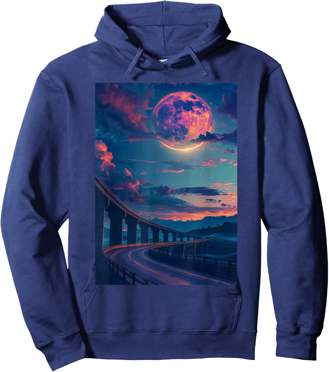 Liminal Space: Curved Bridge in Moonlight Night Hoodie - Hoodie | Navy