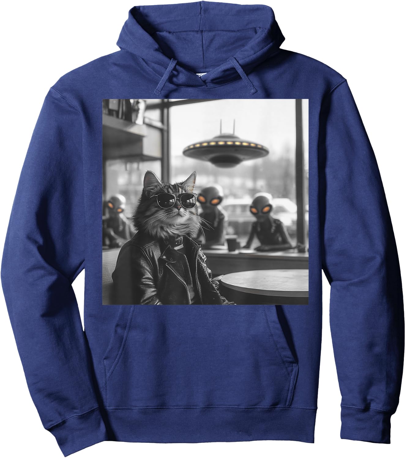 Cat in a Coffee Shop with Aliens and UFO Hoodie - Hoodie | Navy