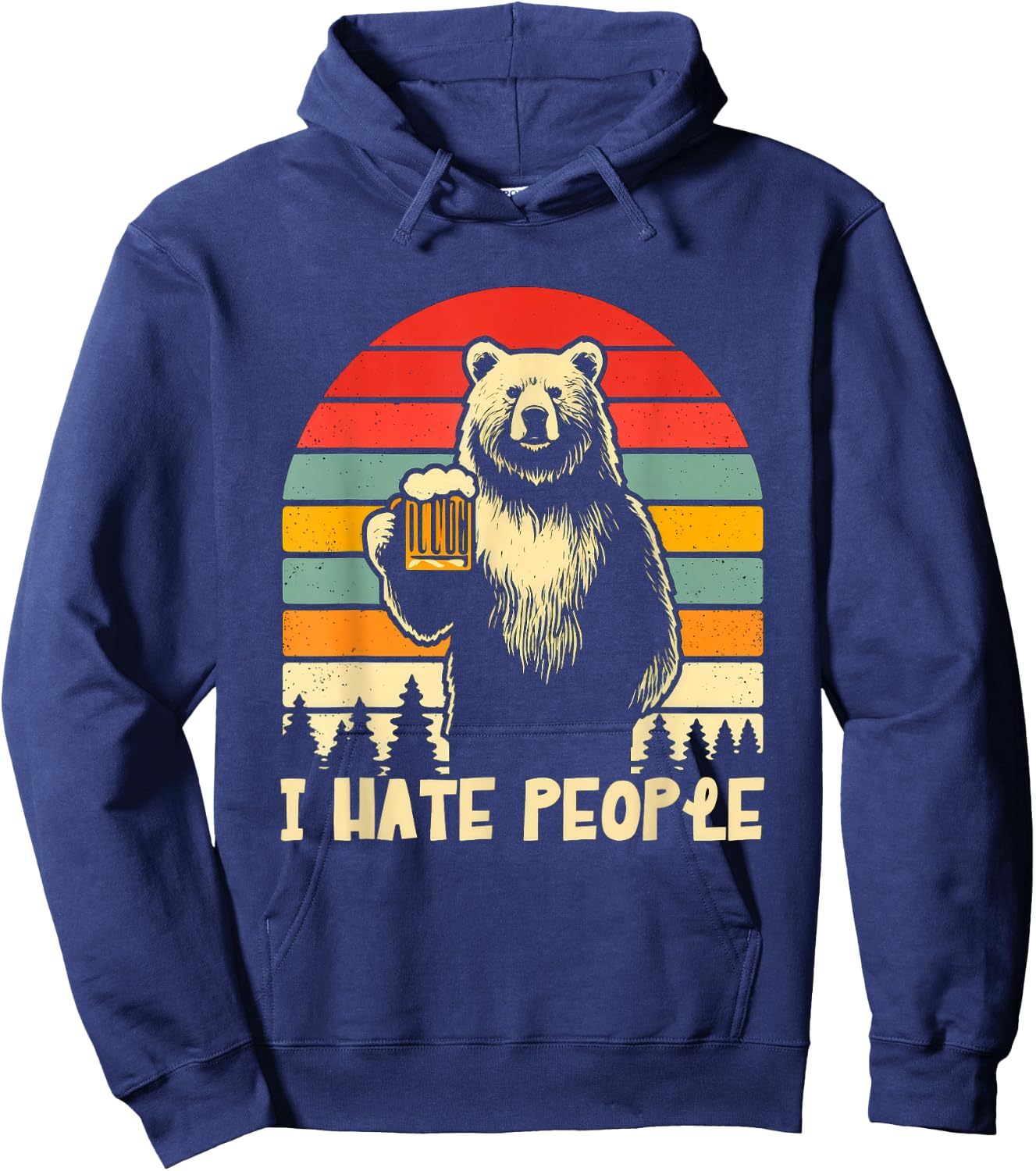 Funny Retro Bear Beer I Hate People Hoodie - Hoodie | Navy