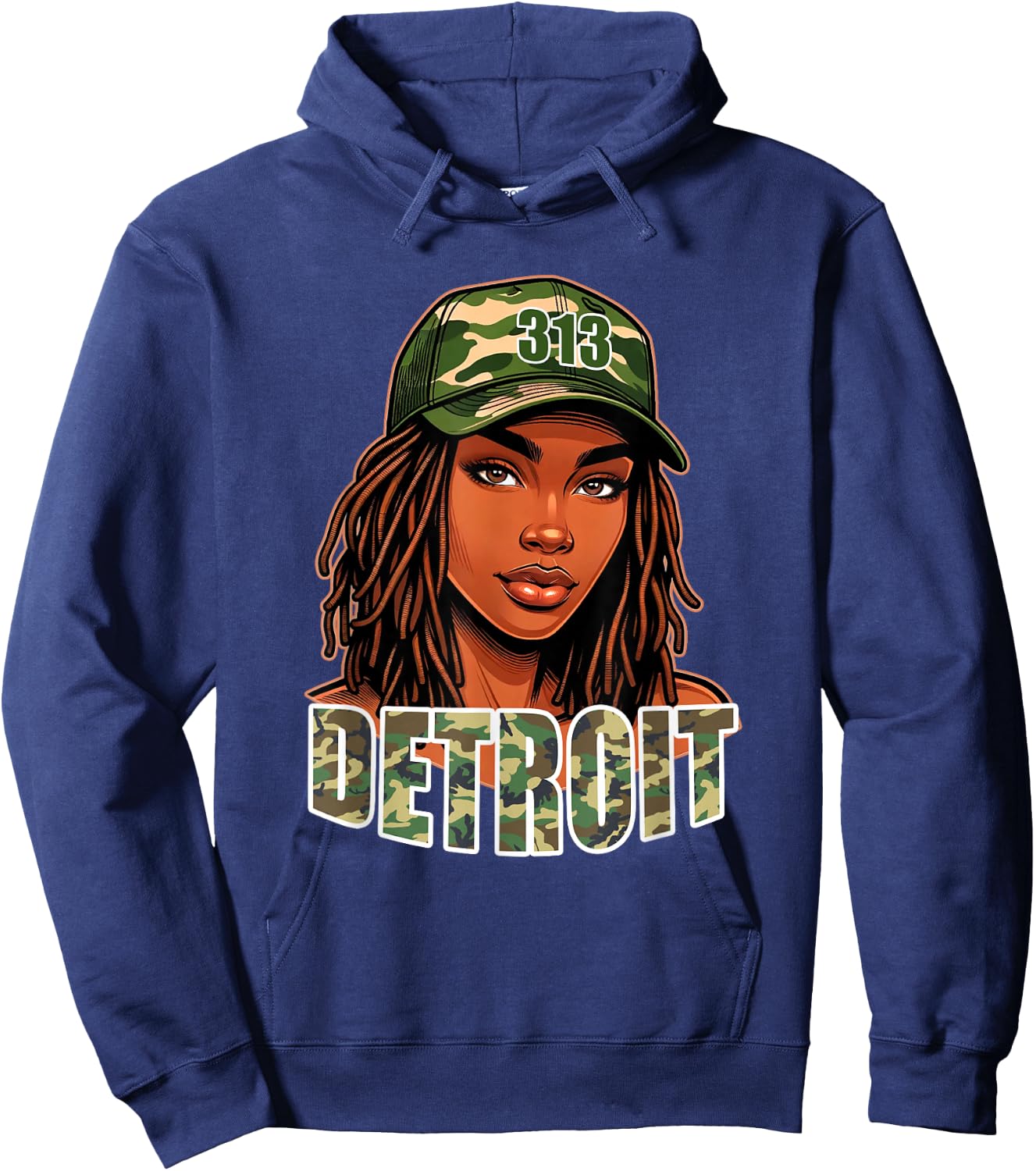 Detroit 313 Camo Hat Black Woman Locs Hoodie - Hoodie | Navy
