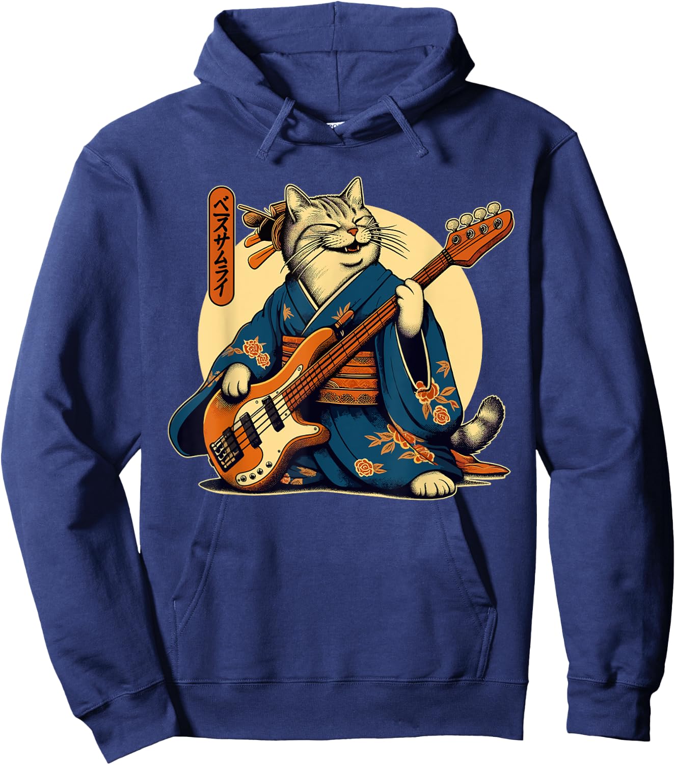 Japanese Samurai Cat Playing The Bass Hoodie - Hoodie | Navy