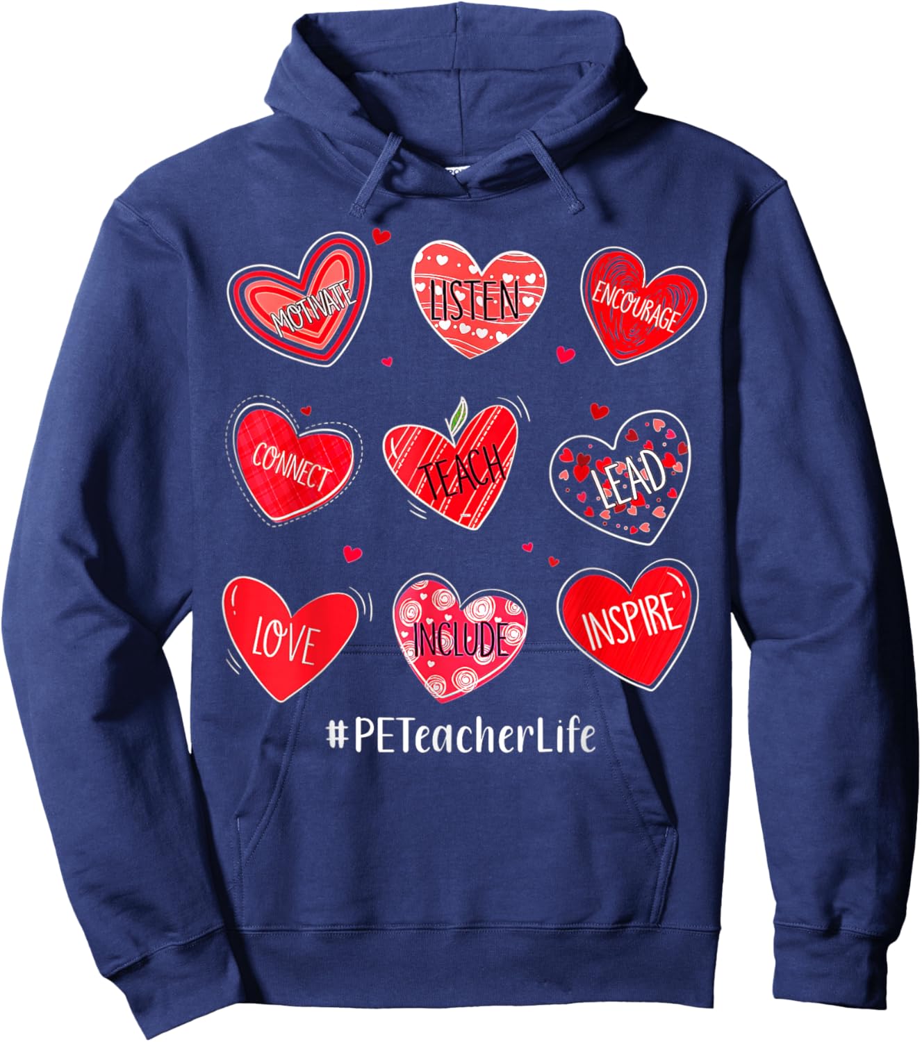 PE Teacher Hearts Valentines Valentines Day Hoodie - Hoodie | Navy