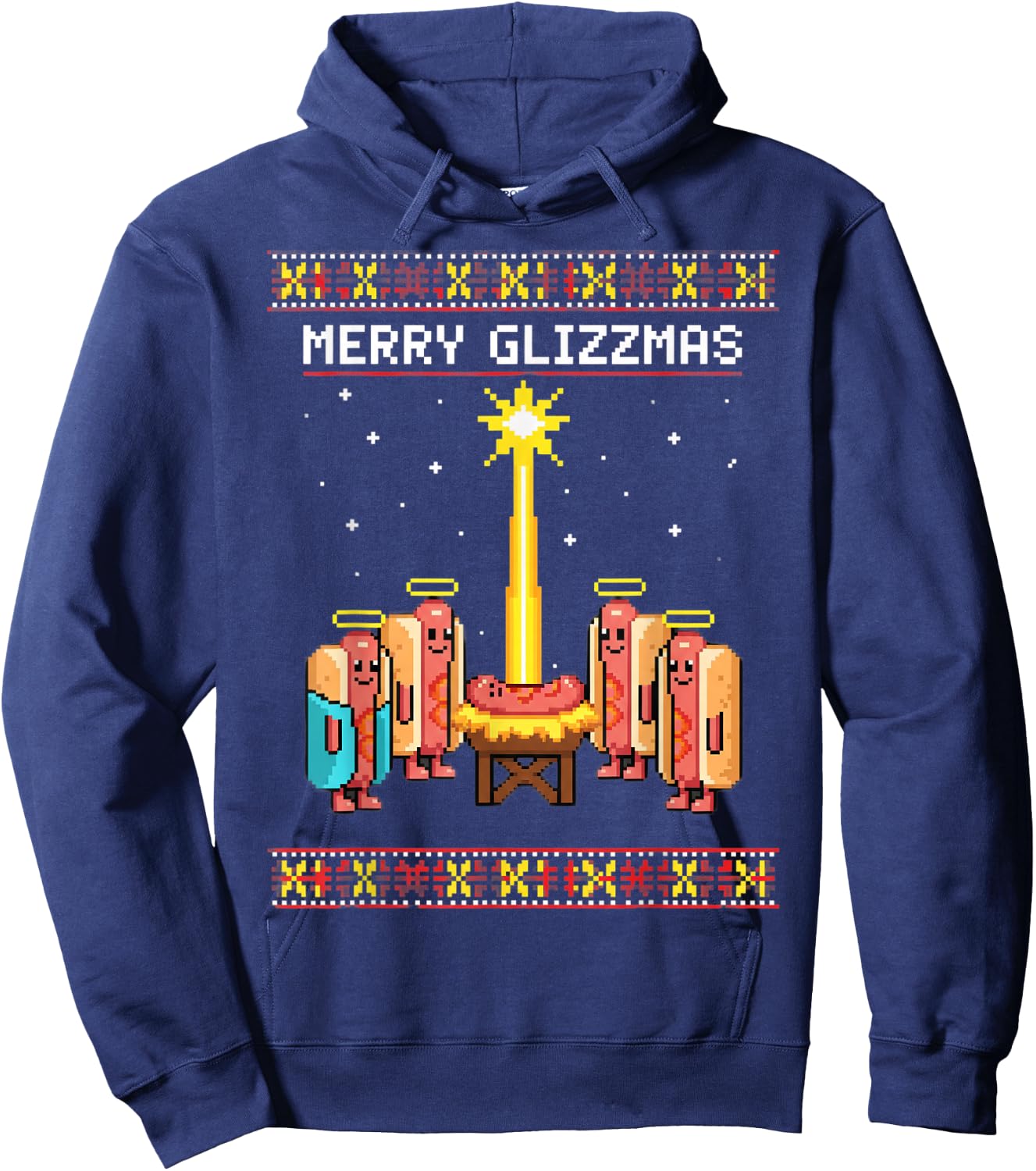 Dog Merry Glizzmas Retro Hotdog Squad Pixel Art Hoodie - Hoodie | Navy