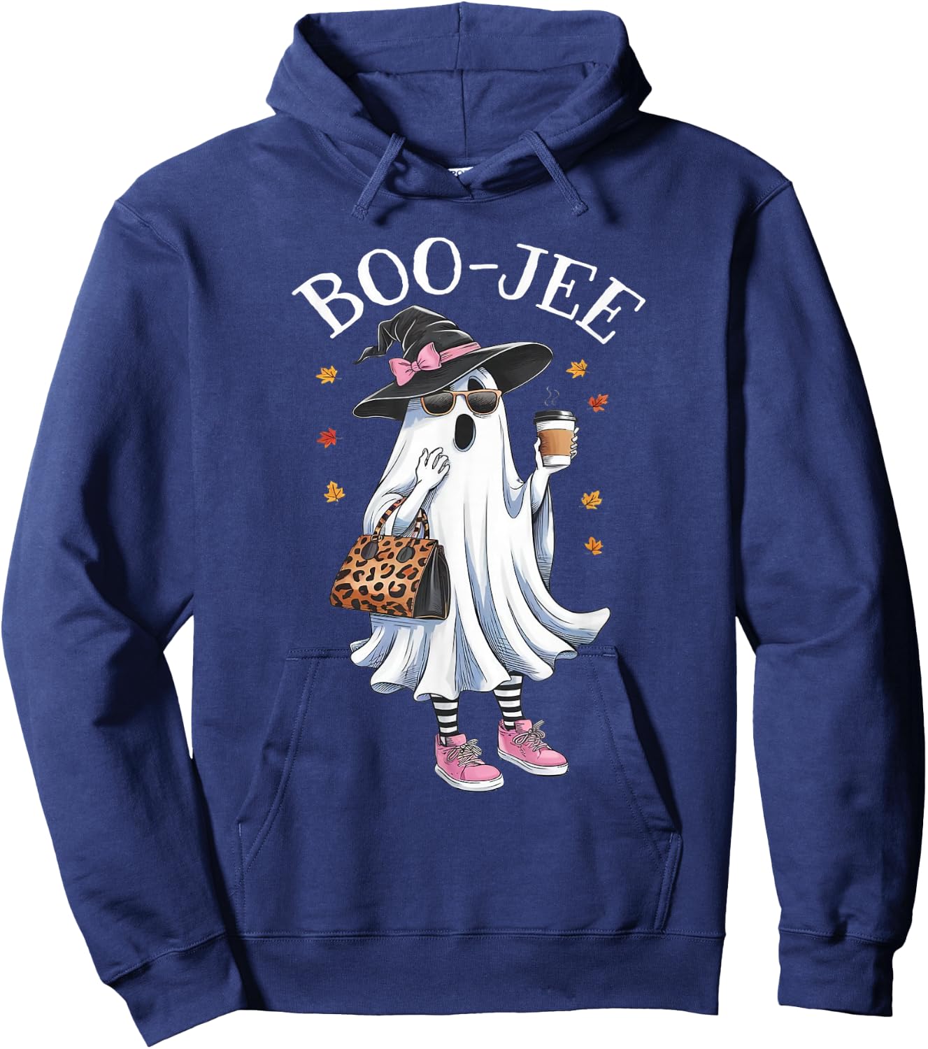 Cute Boo Jee Ghost Halloween Leopard Coffee Hoodie - Hoodie | Navy