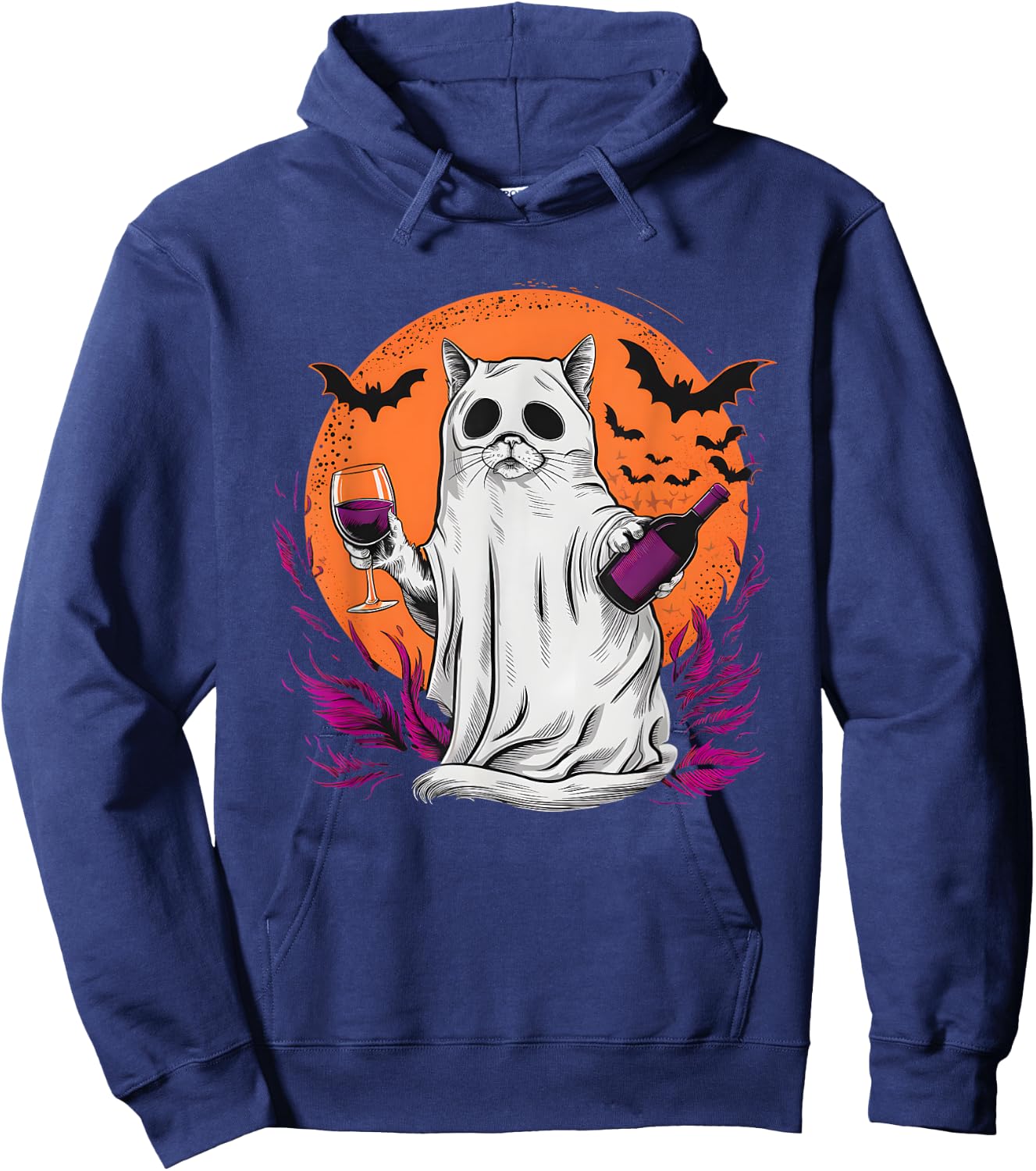 Halloween Ghost Cat Holding Wine Glass Hoodie - Hoodie | Navy