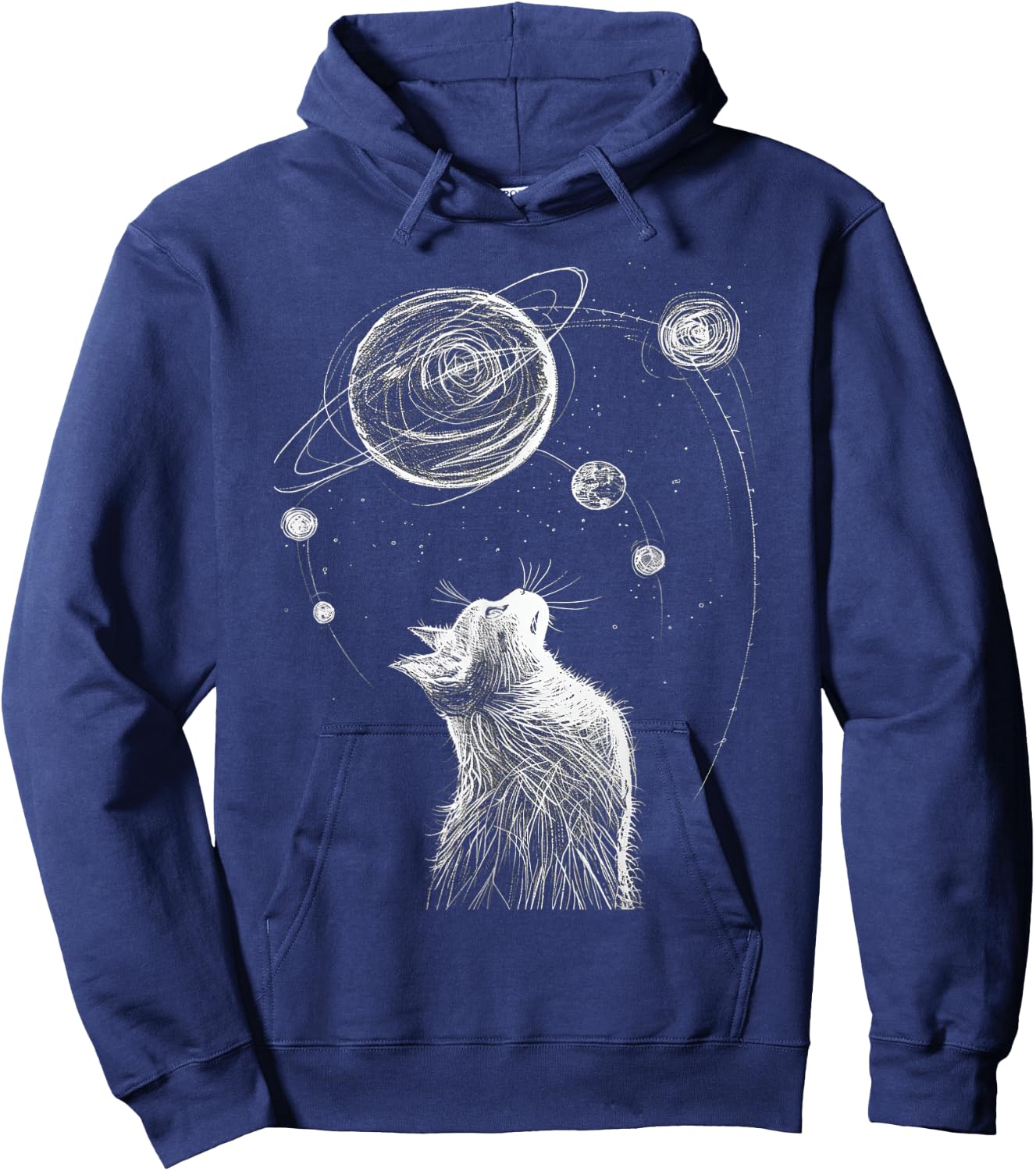 Cat Staring at Solar System Men Women Kids Hoodie - Hoodie | Navy