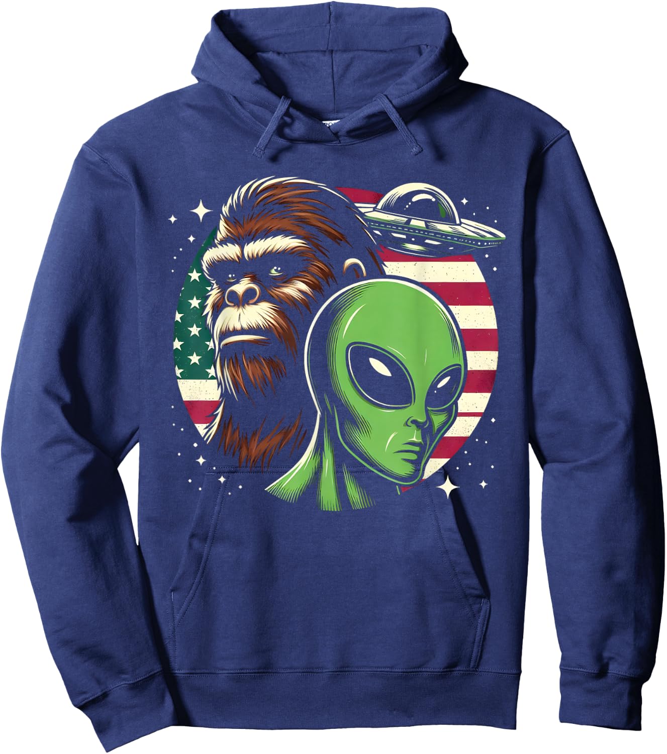 Bigfoot Sasquatch Alien UFO USA American Flag Hoodie - Hoodie | Navy