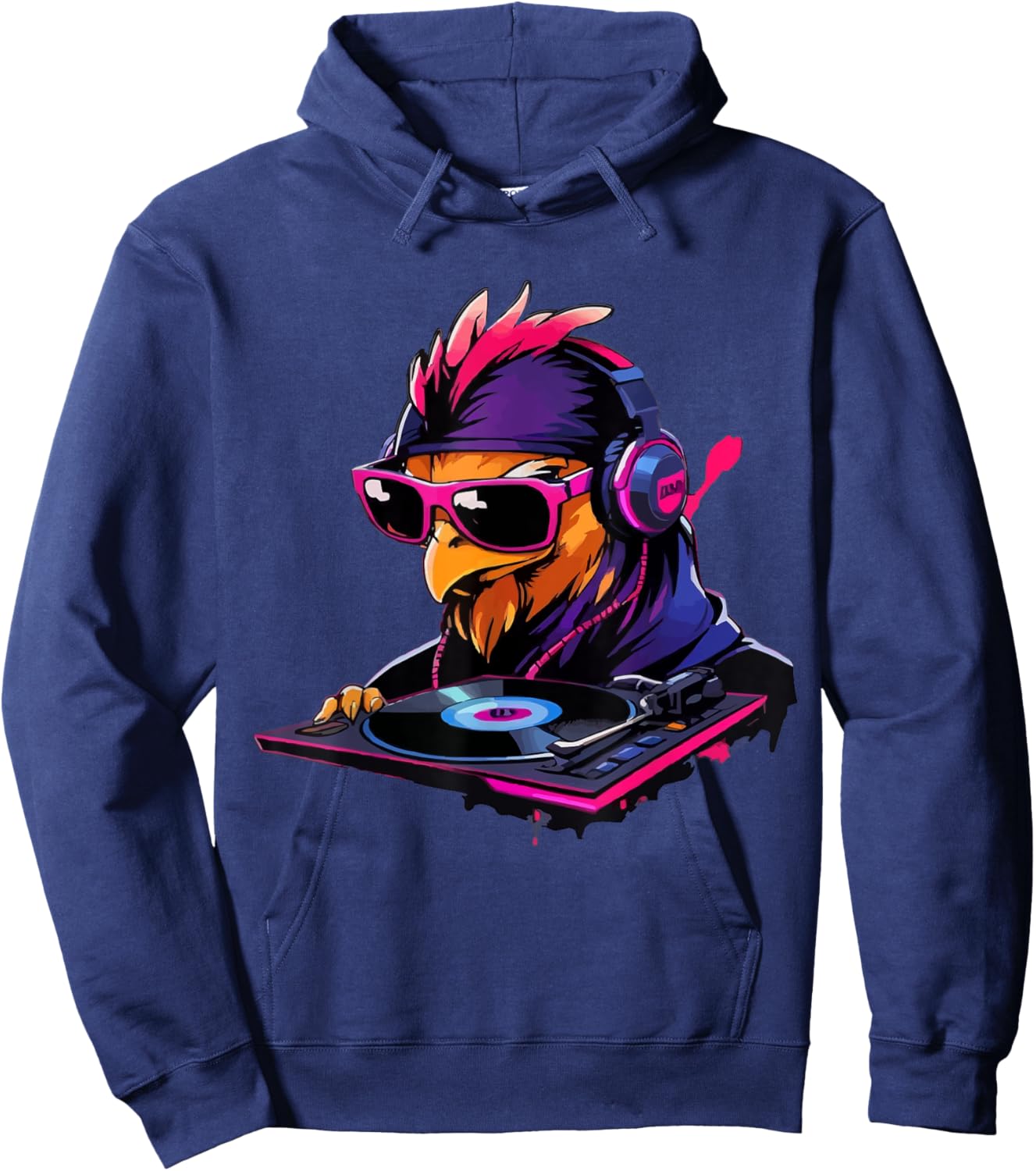 Chicken with Sunglasses and Headphones as DJ Hoodie - Hoodie | Navy