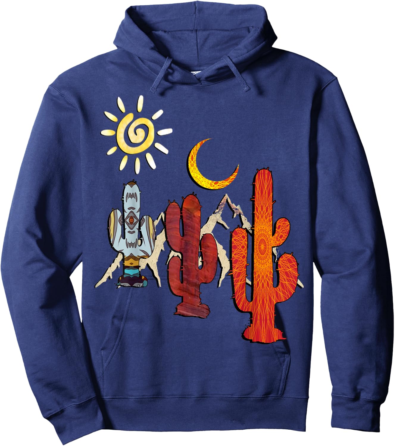 Hippie Design Sun, Moon, Mountains & Cactus Hoodie - Hoodie | Navy