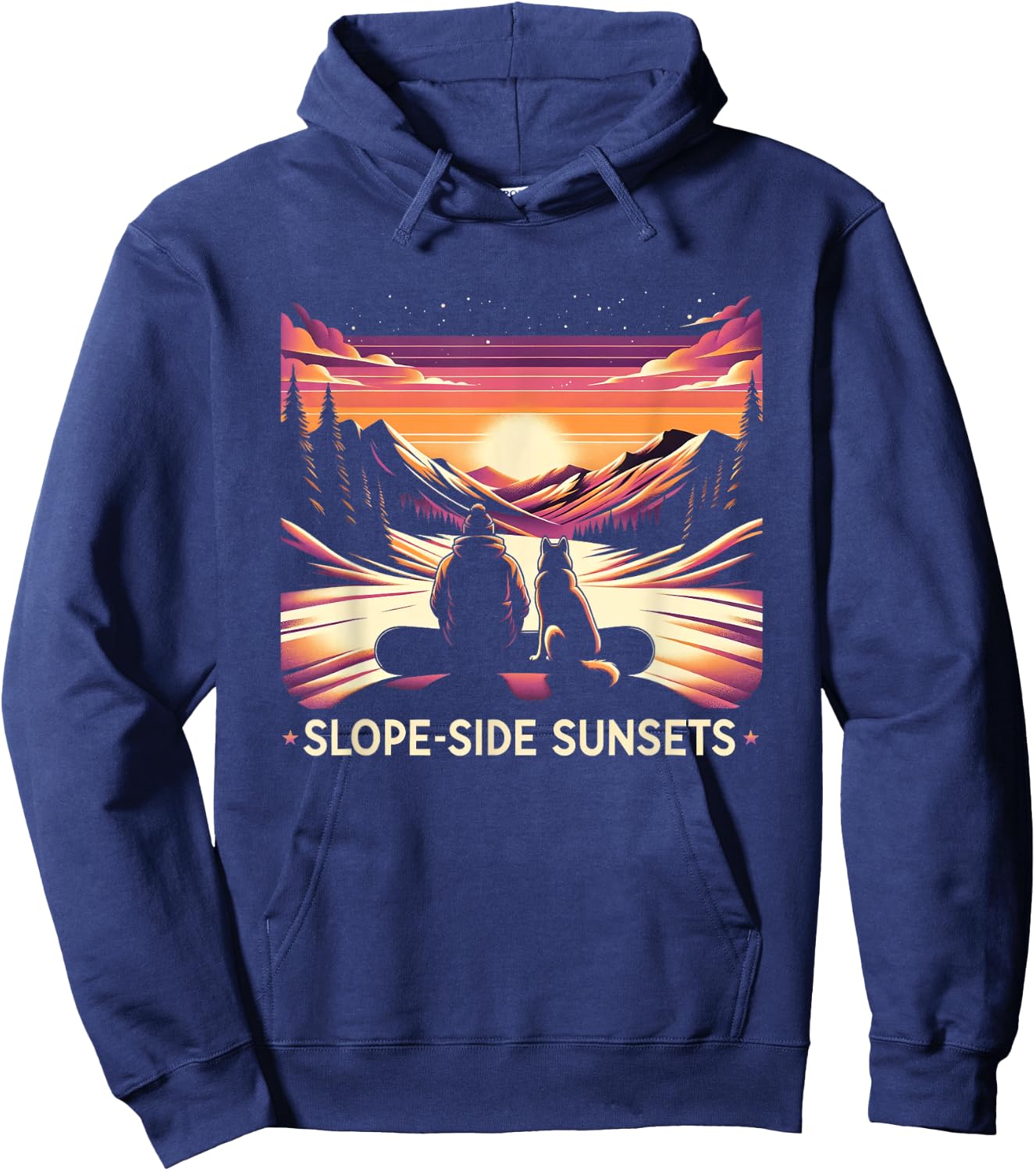 Slope-side Sunsets - Tranquil Snowboarding Dog Hoodie - Hoodie | Navy