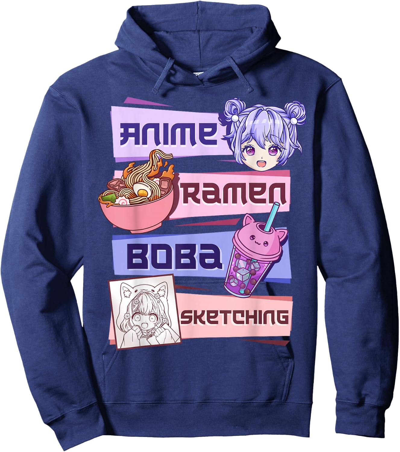 Anime Girl Ramen Boba Tea Bubble Tea Sketching Hoodie - Hoodie | Navy