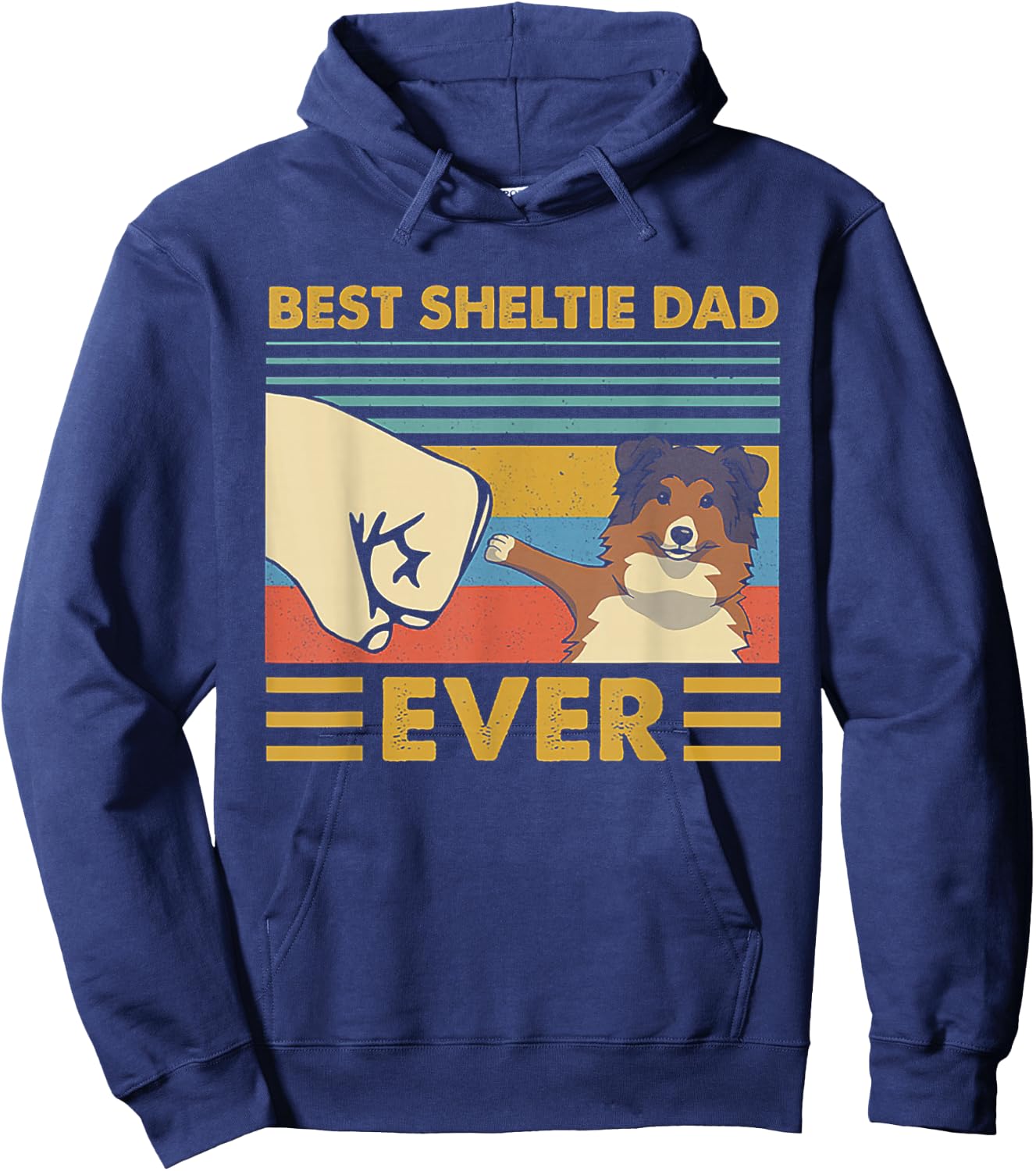 Best Sheltie Dad Ever Retro Vintage Sunset Hoodie - Hoodie | Navy