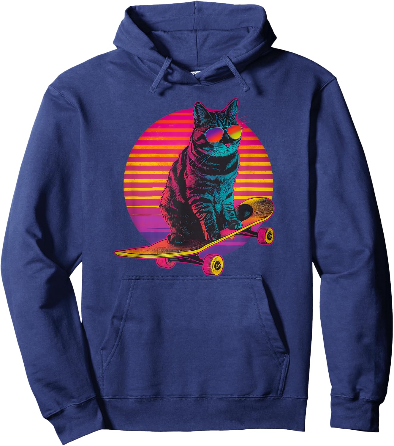 Retro Cat on Skateboard Retro Sunset Hoodie - Hoodie | Navy