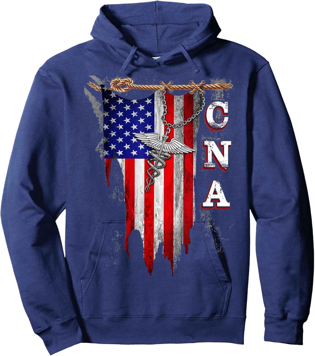 Proud CNA - American Flag Torn - Caduceus Hoodie - Hoodie | Navy