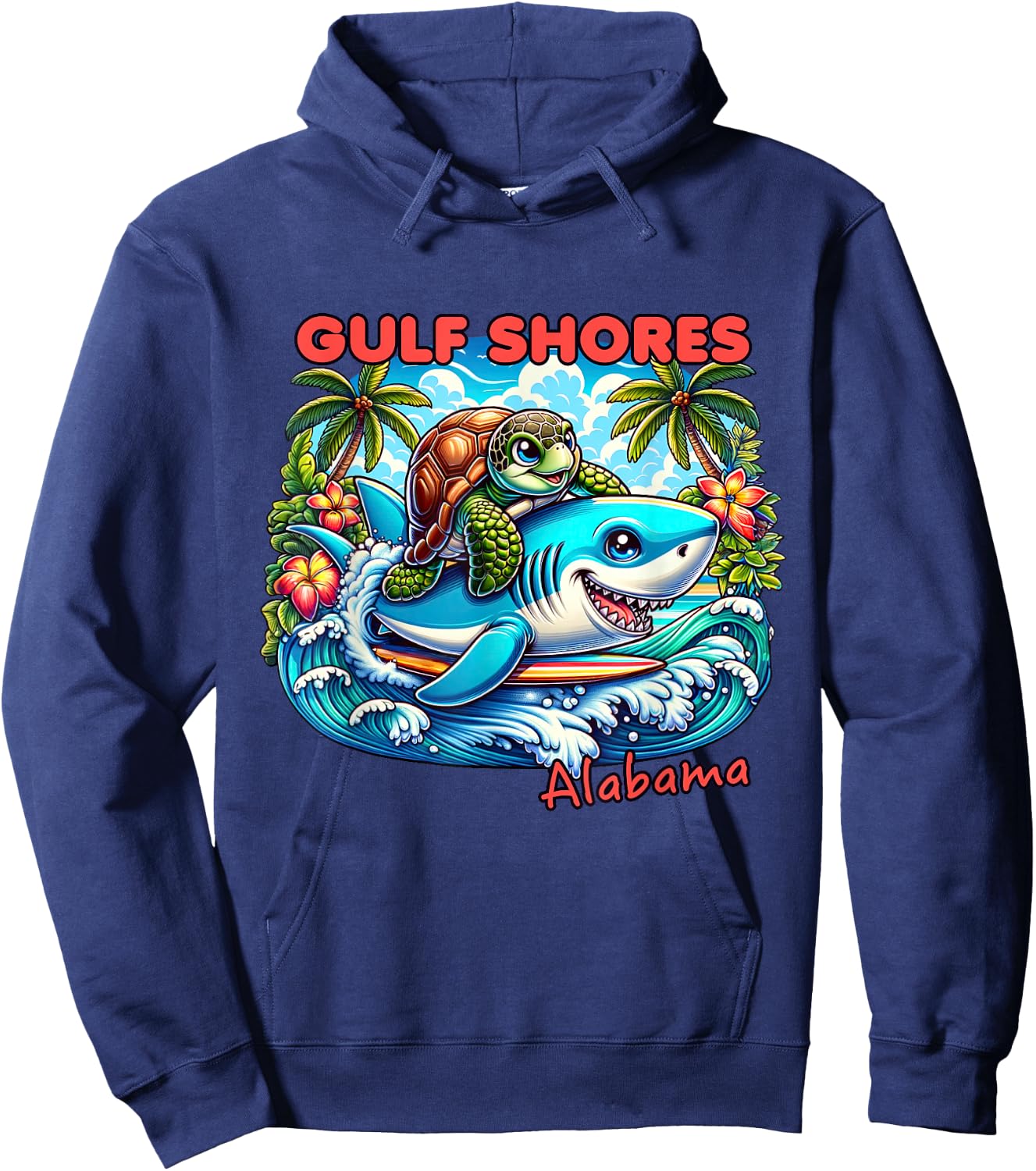 Gulf Shores Alabama Beach Turtle and Shark Hoodie - Hoodie | Navy