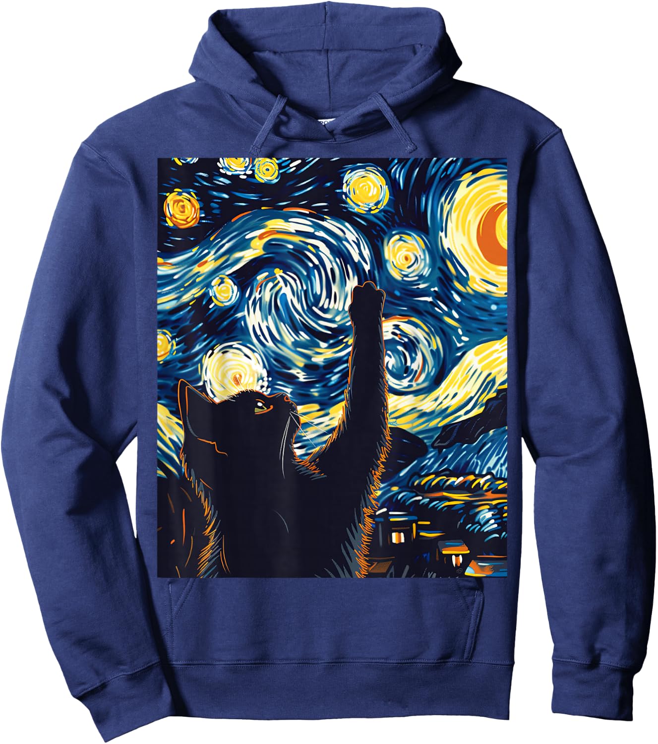 Cute Cat Van Gogh Style Starry Night Art Hoodie - Hoodie | Navy