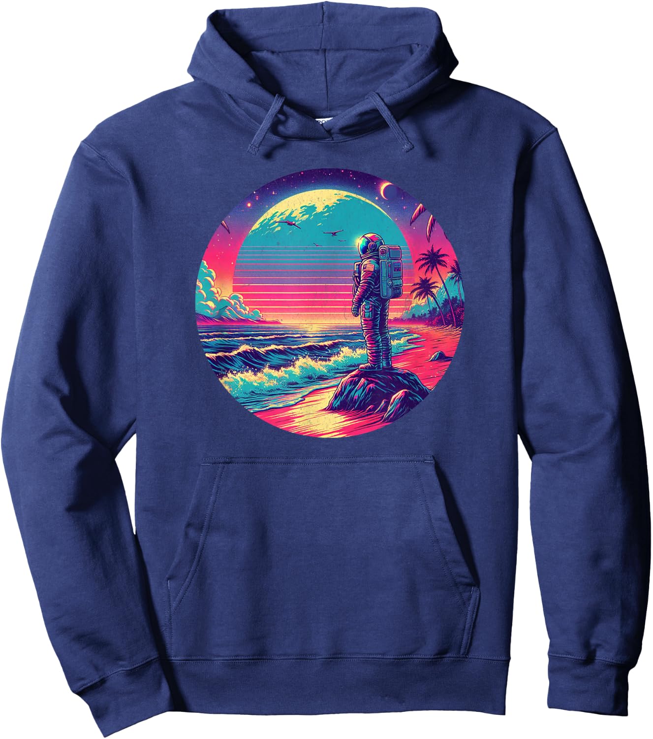 Synthwave Astronaut on the Beach, 1980s Retro Hoodie - Hoodie | Navy