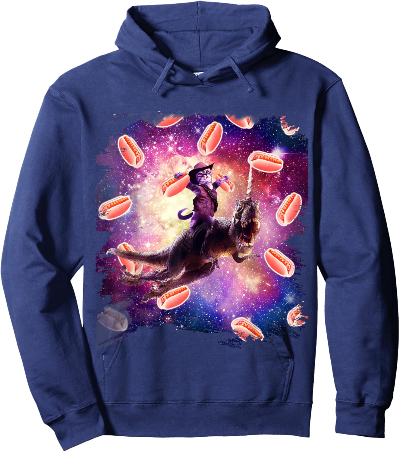 Cowboy Space Cat On Dinosaur Unicorn - Hotdog Hoodie - Hoodie | Navy