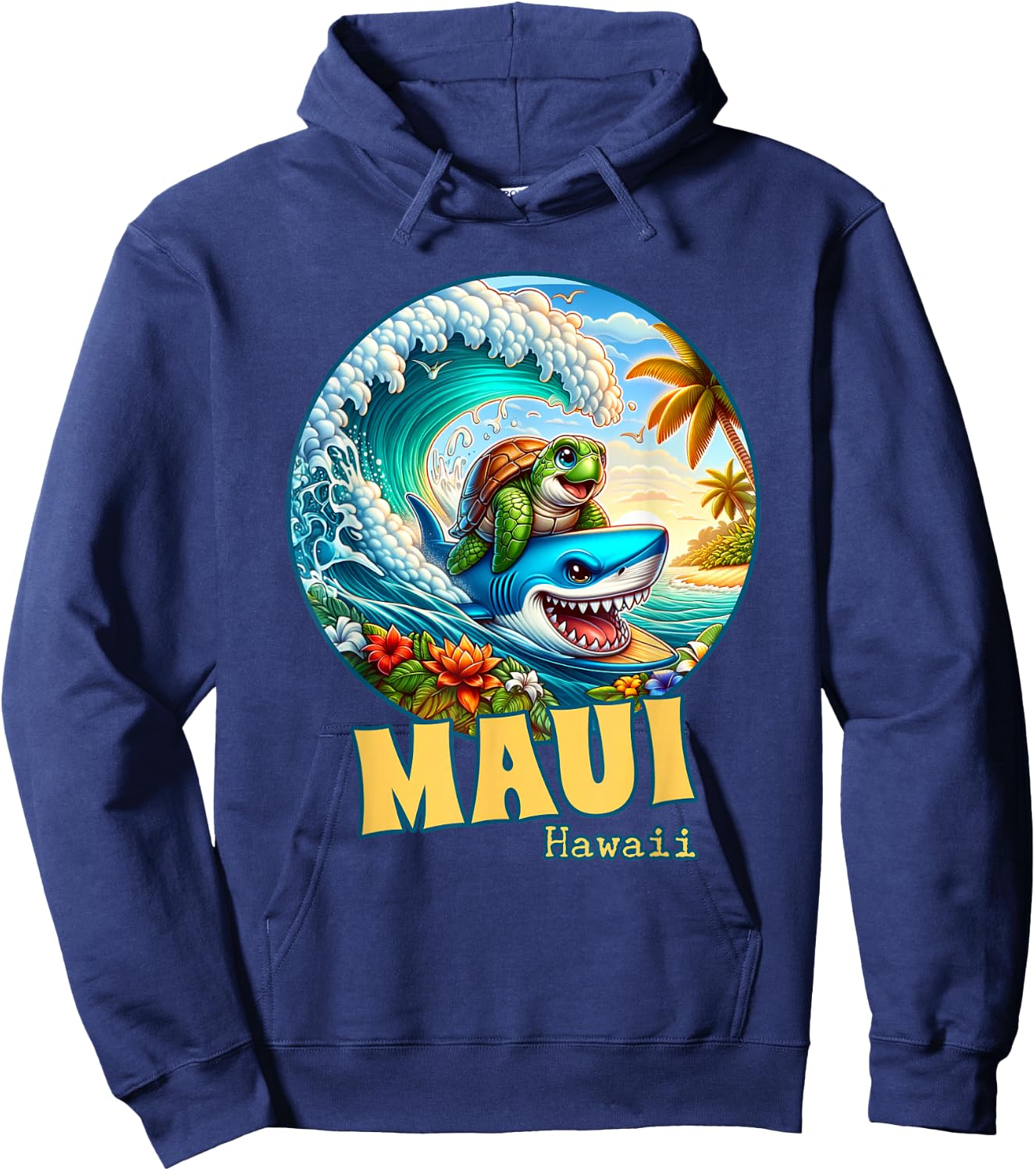Maui Hawaii Surfing Sea Turtle and Shark Hoodie - Hoodie | Navy