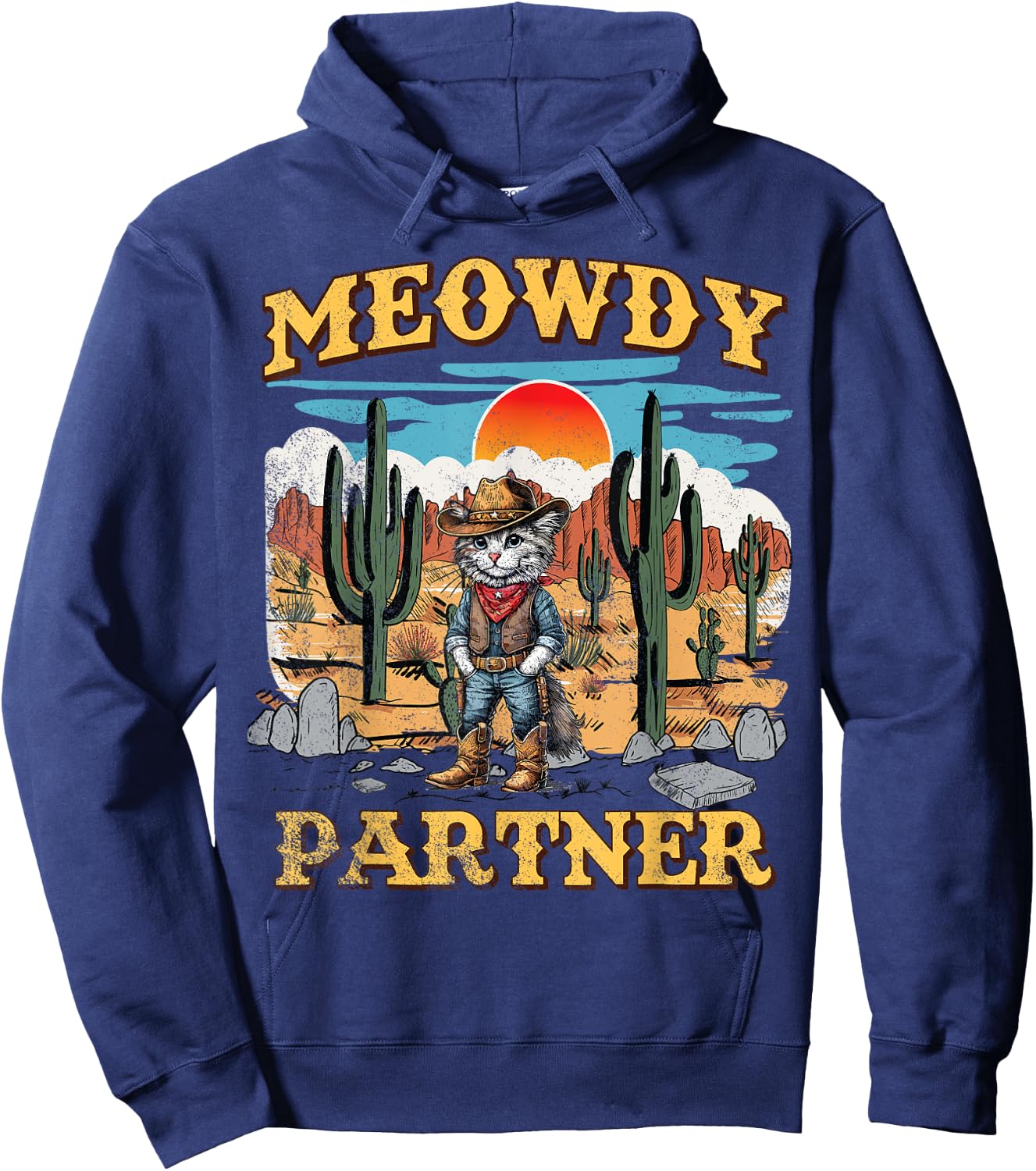 Meowdy Partner Western Cowboy Vintage Cat Hoodie - Hoodie | Navy