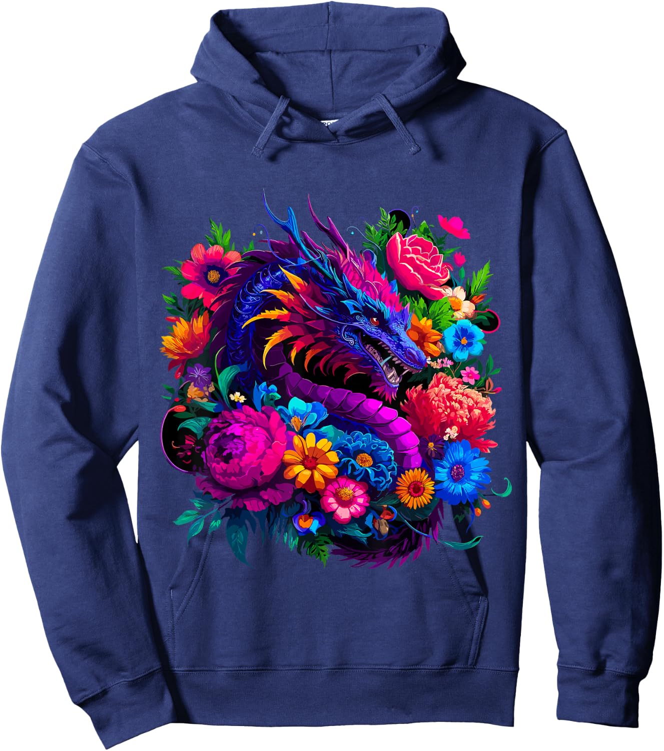 Floral Dragon , Small, Black Hoodie - Hoodie | Navy