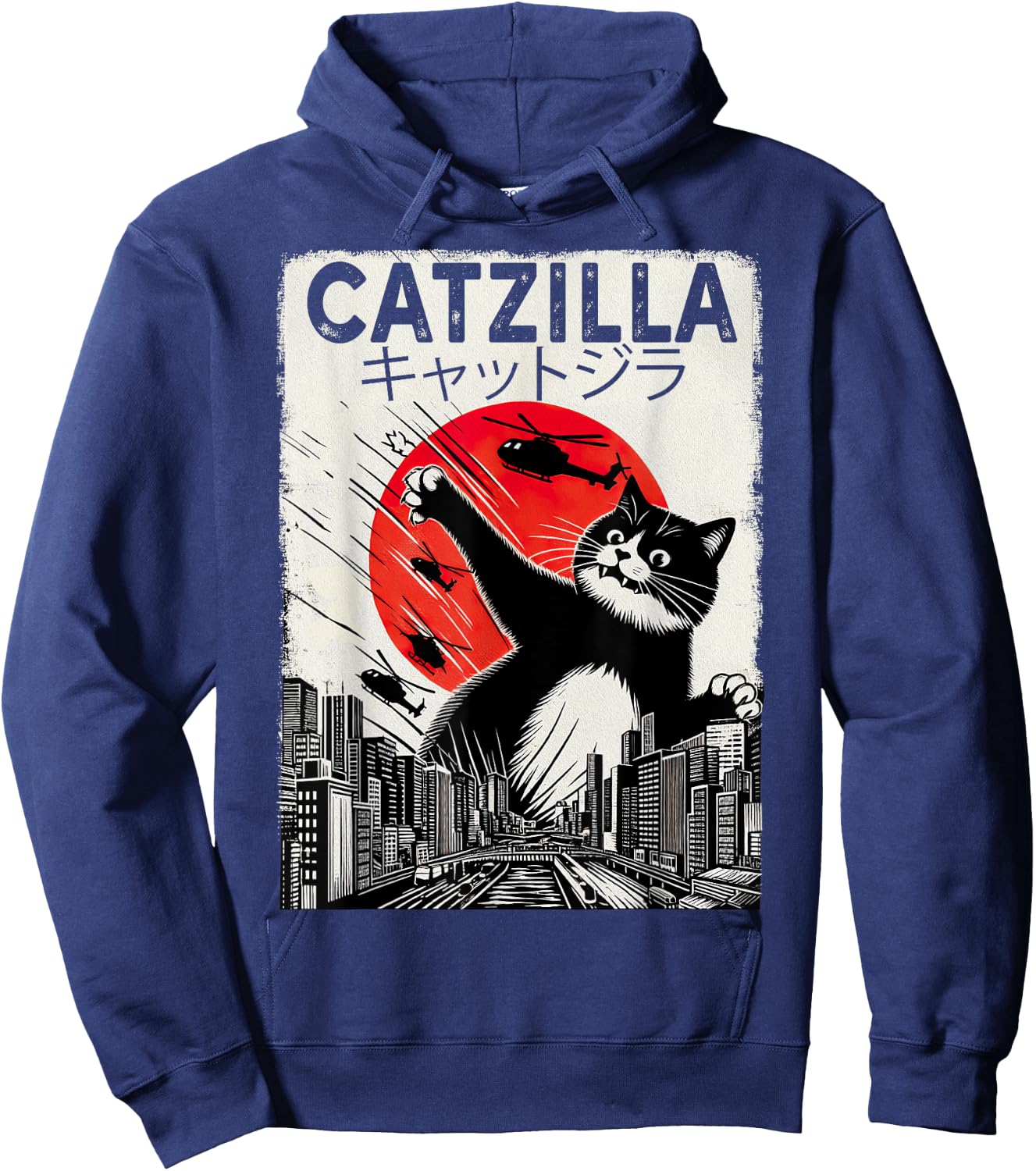 Vintage Catzilla - Funny Tuxedo Cat And Kitten Hoodie - Hoodie | Navy