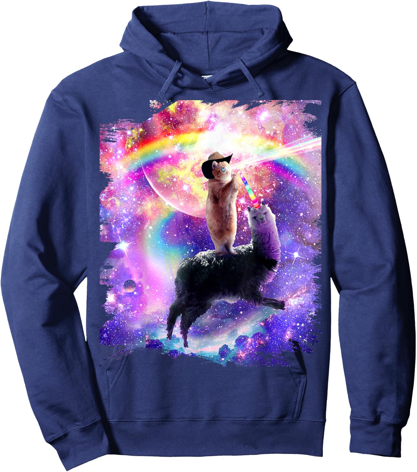 Laser Galaxy Space Cat on Rainbow Llama Unicorn Hoodie - Hoodie | Navy