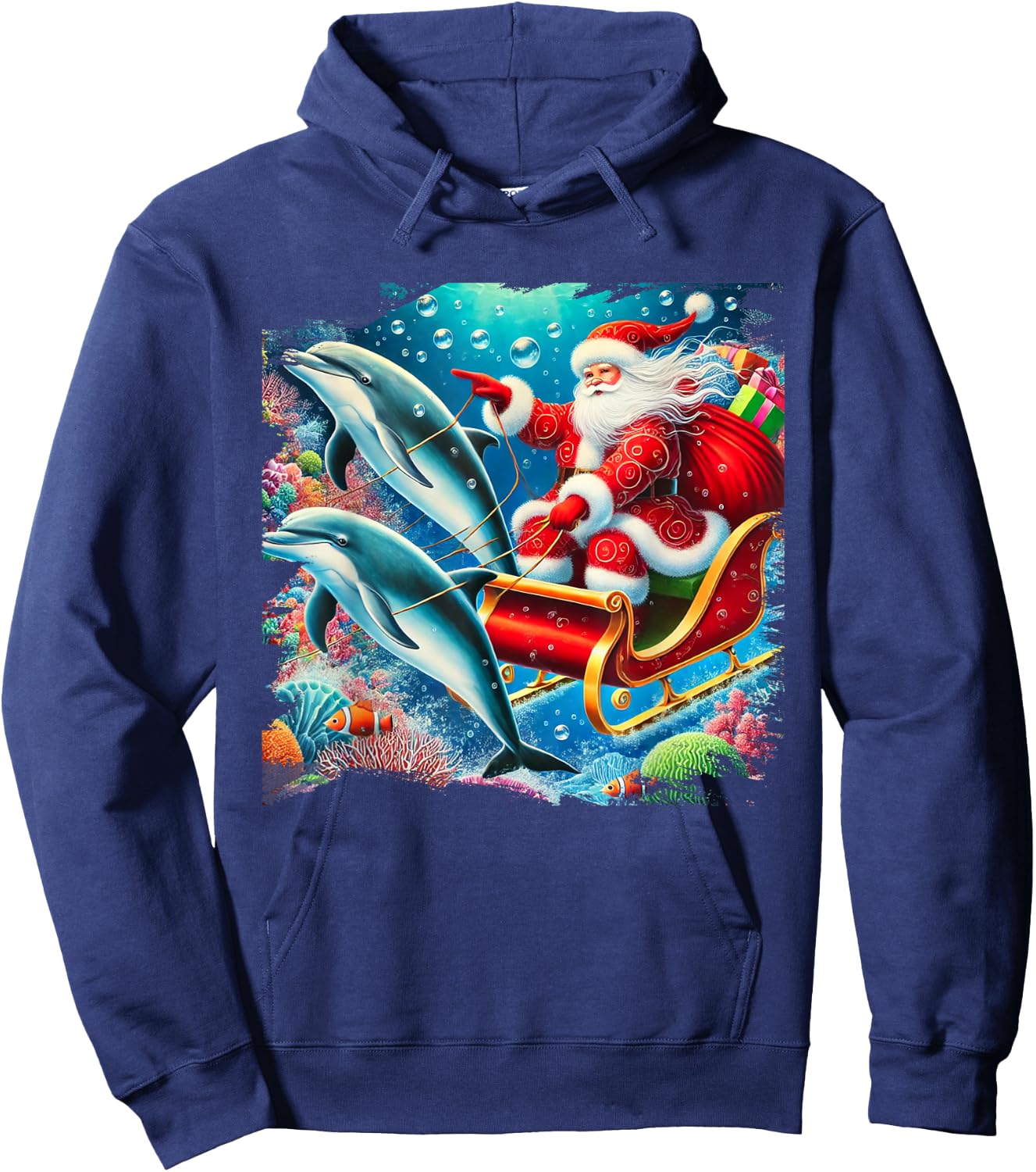 Santa Riding Dolphin Reindeer, Ocean Christmas Hoodie - Hoodie | Navy