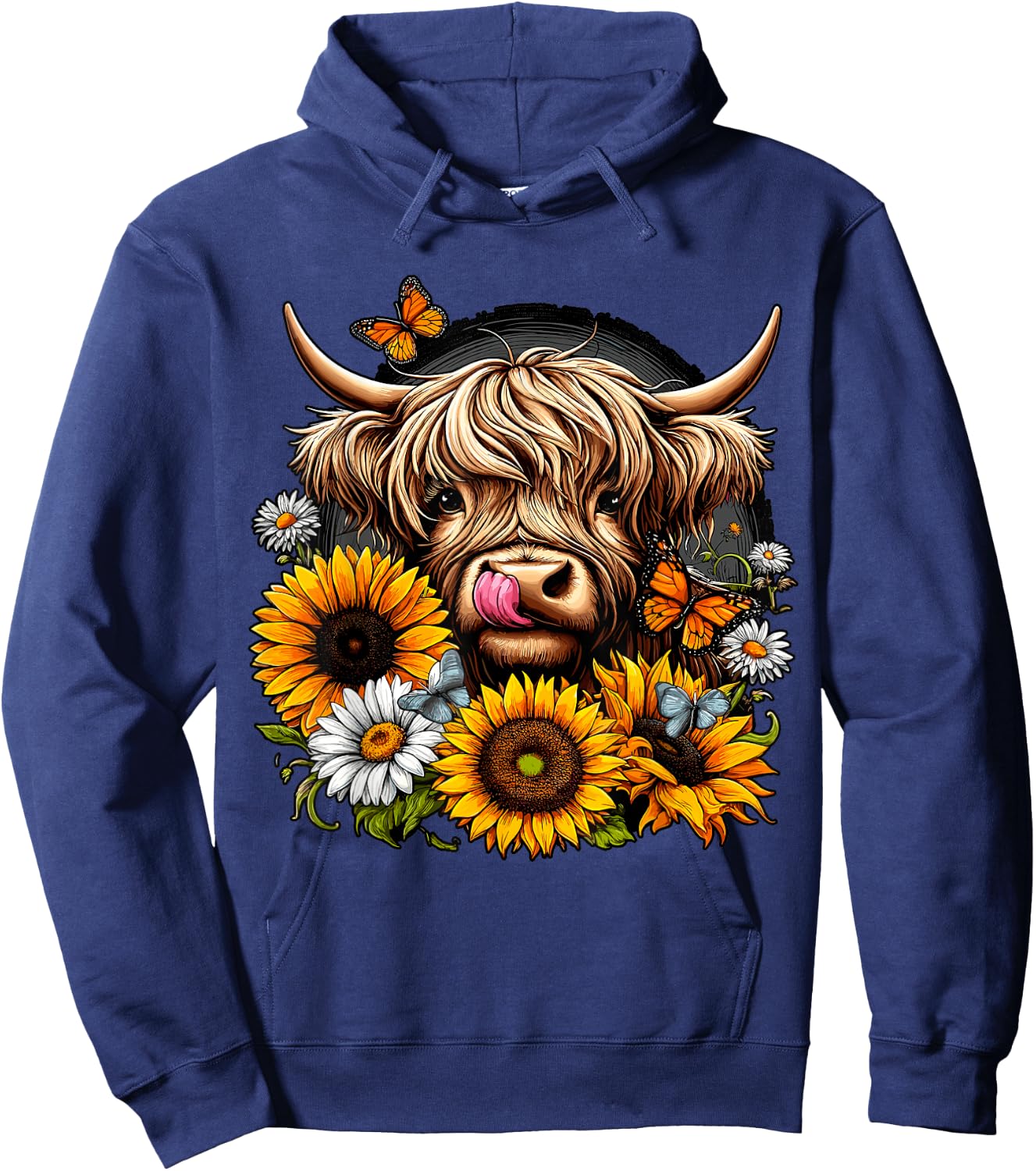 Highland Cow with Sunflowers and Butterflies Hoodie - Hoodie | Navy
