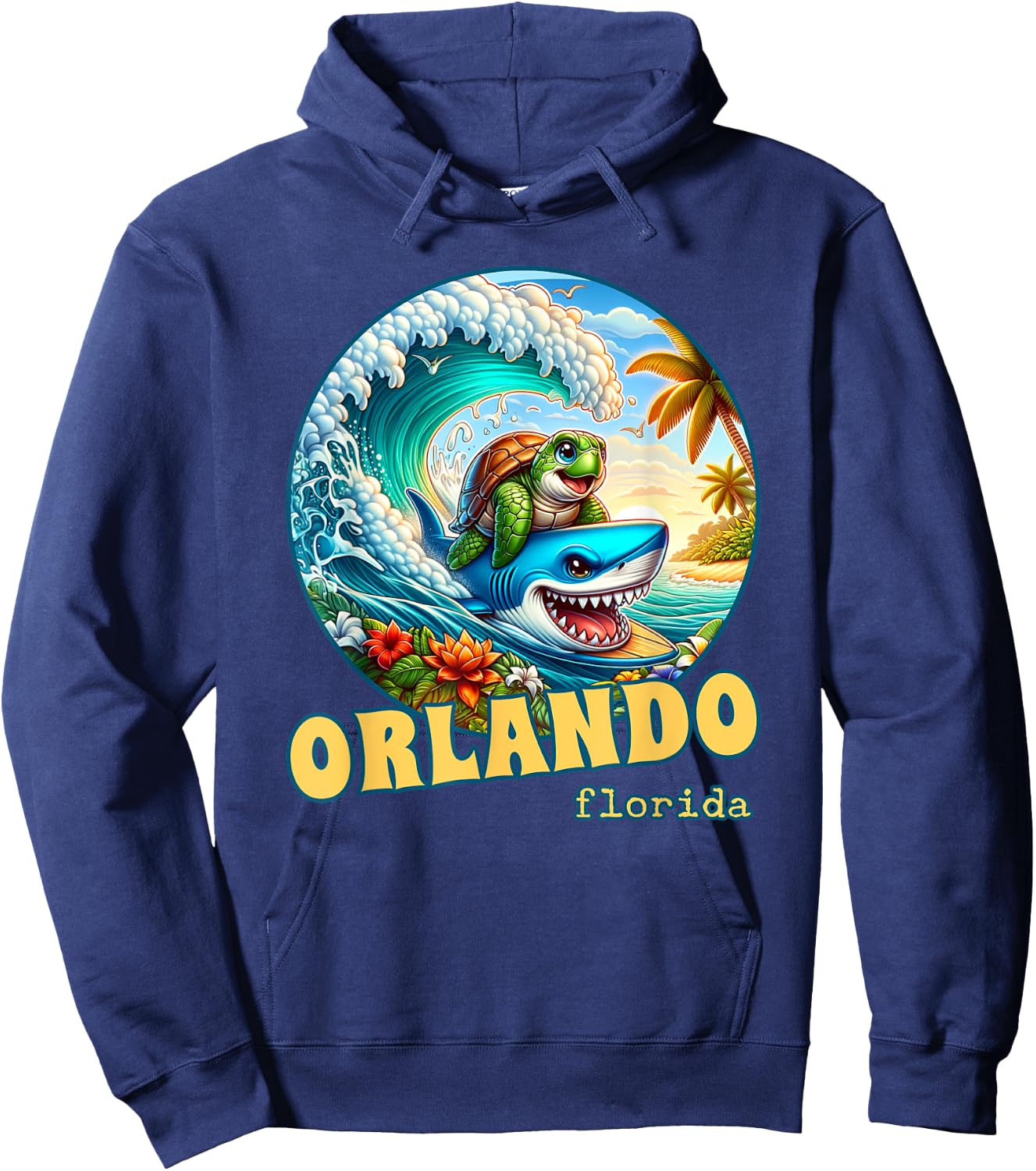 Orlando Florida Surfing Sea Turtle and Shark Hoodie - Hoodie | Navy