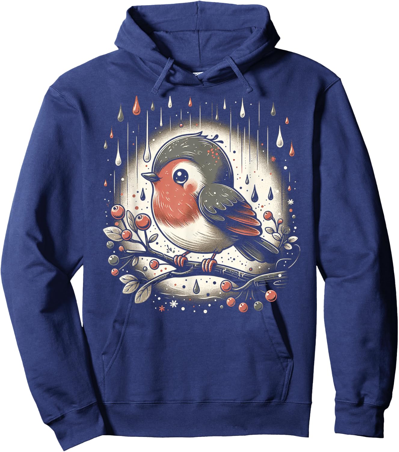 Whimsical Robin in Rain Hoodie - Hoodie | Navy